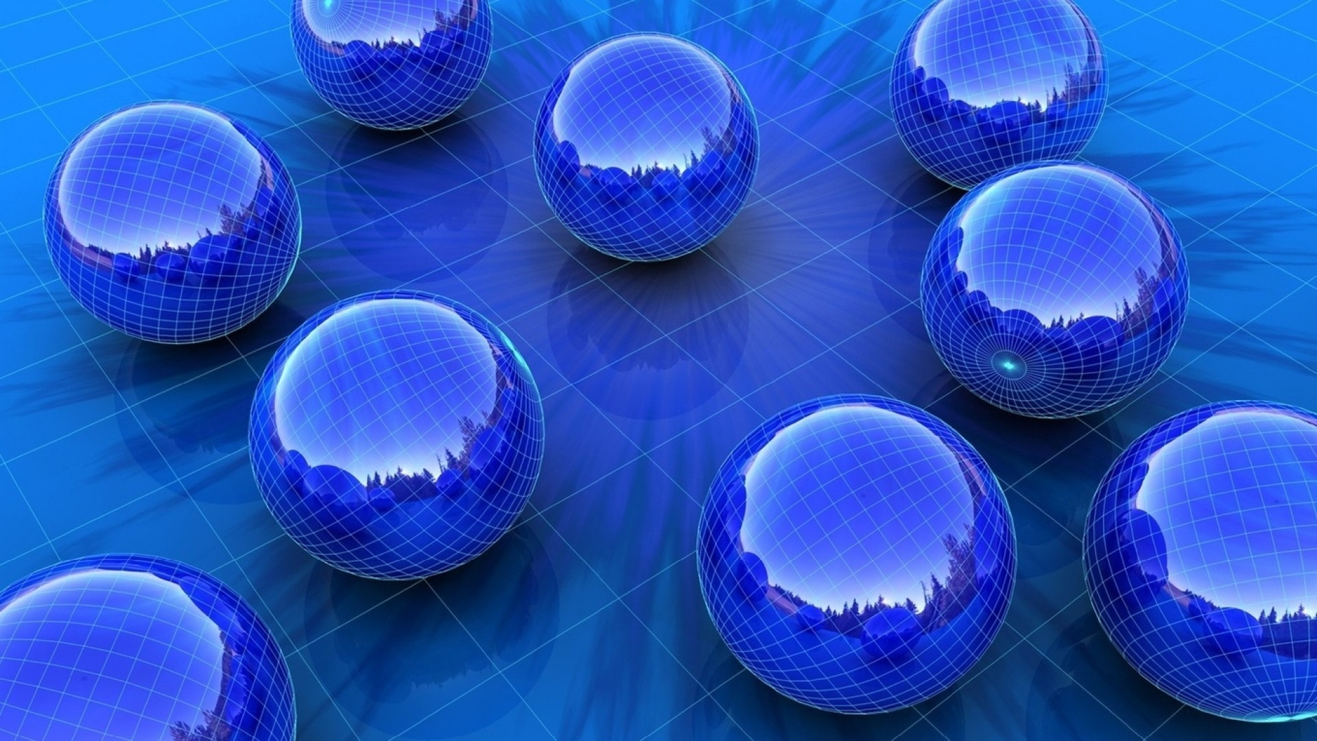 Blue spheres on a grid background with reflections HD Wallpaper