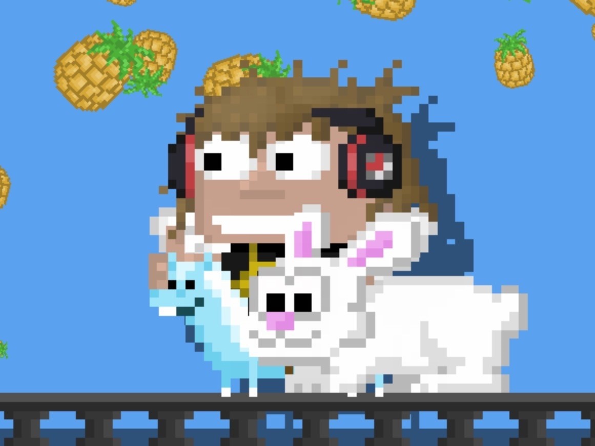 Pixelated character with headphones holding a bunny and a blue creature HD Wallpaper