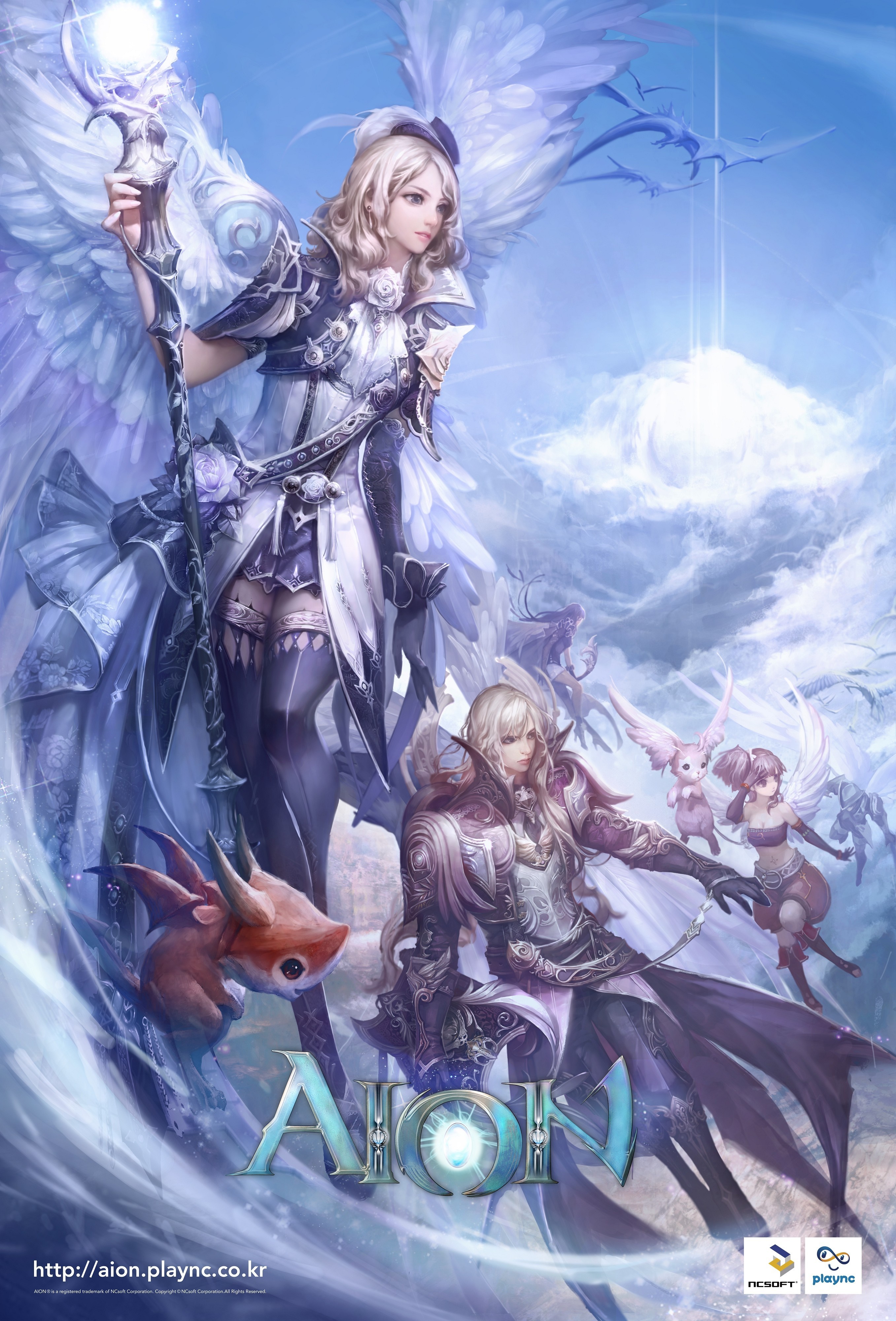 Aion illustration featuring angels and warriors in the sky HD Wallpaper