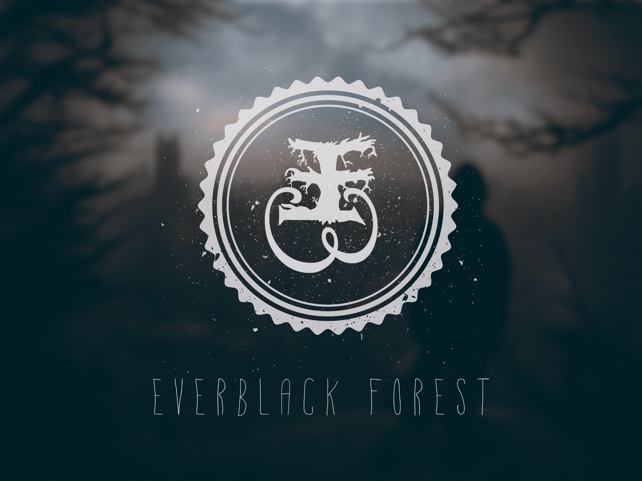Everblack Forest logo with dark forest background HD Wallpaper