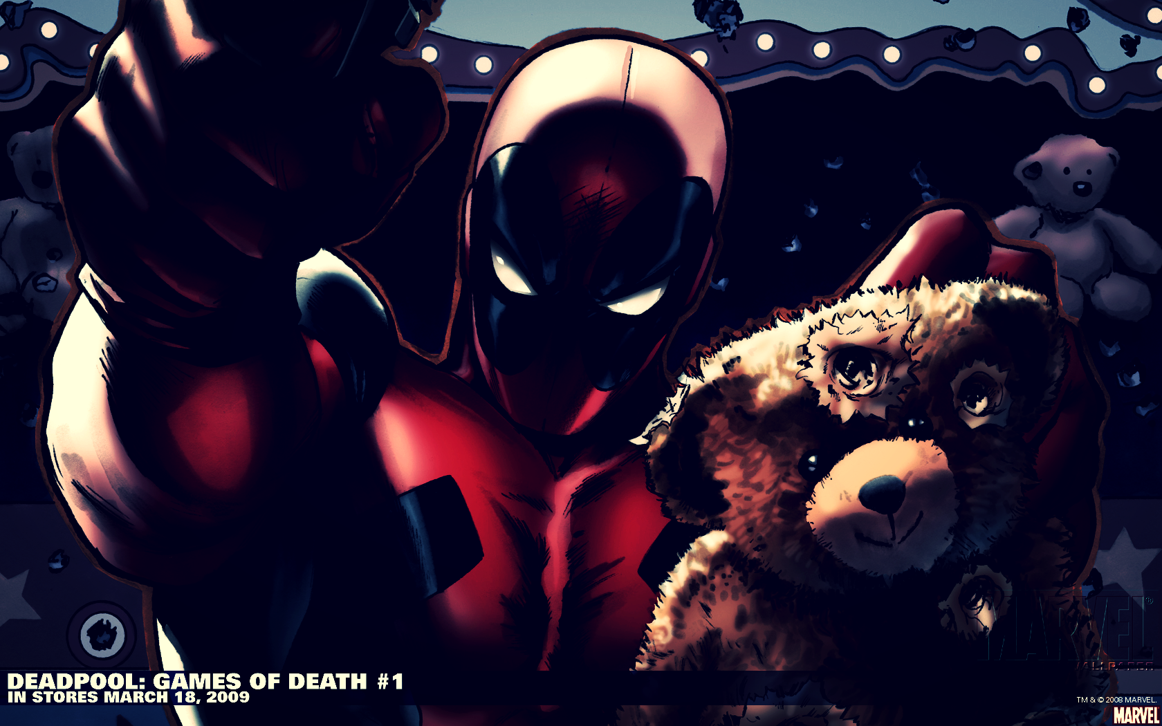 Deadpool from Marvel Comics holding a teddy bear HD Wallpaper
