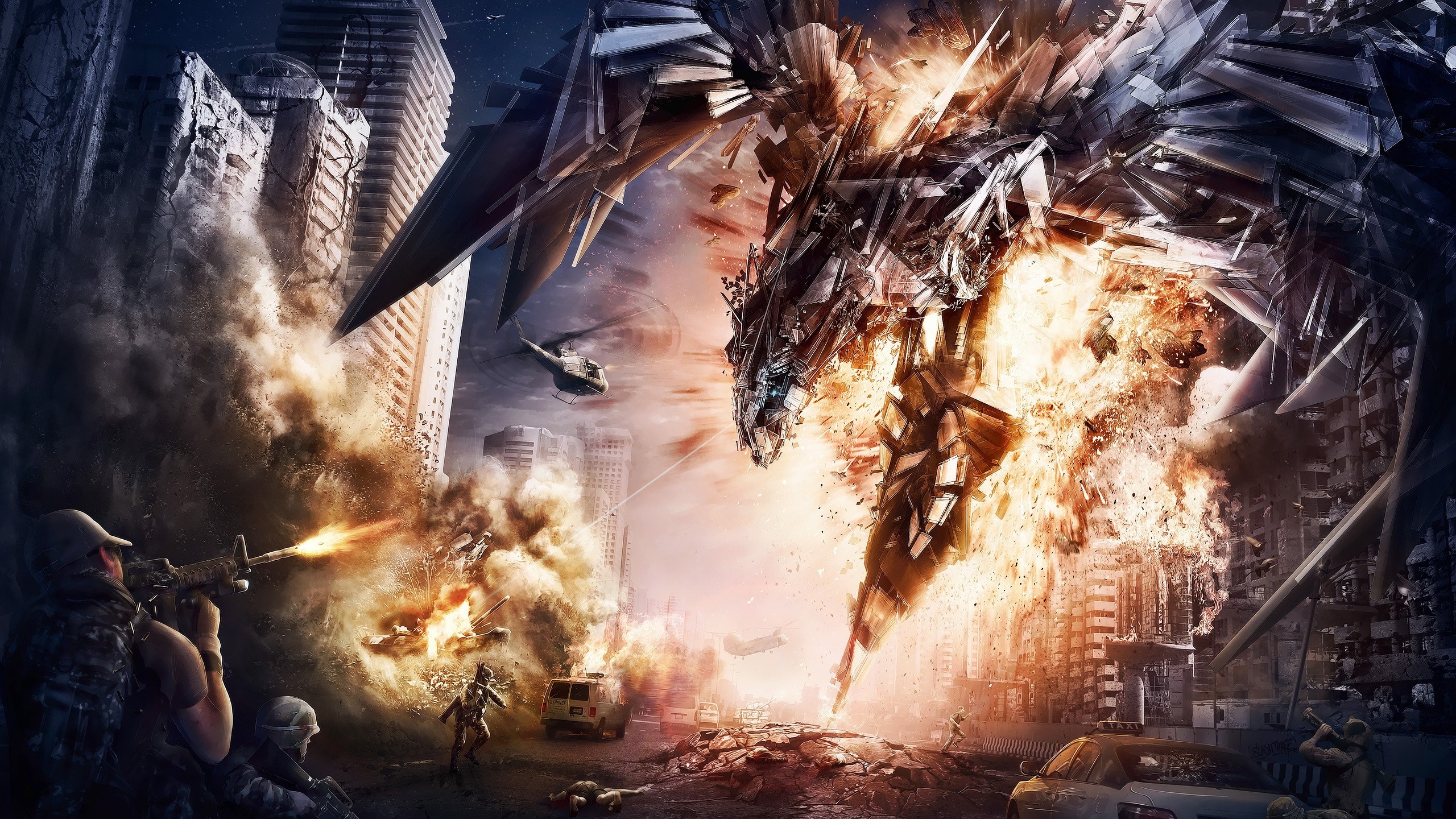 Explosion in a city with a mechanical dragon and soldiers HD Wallpaper