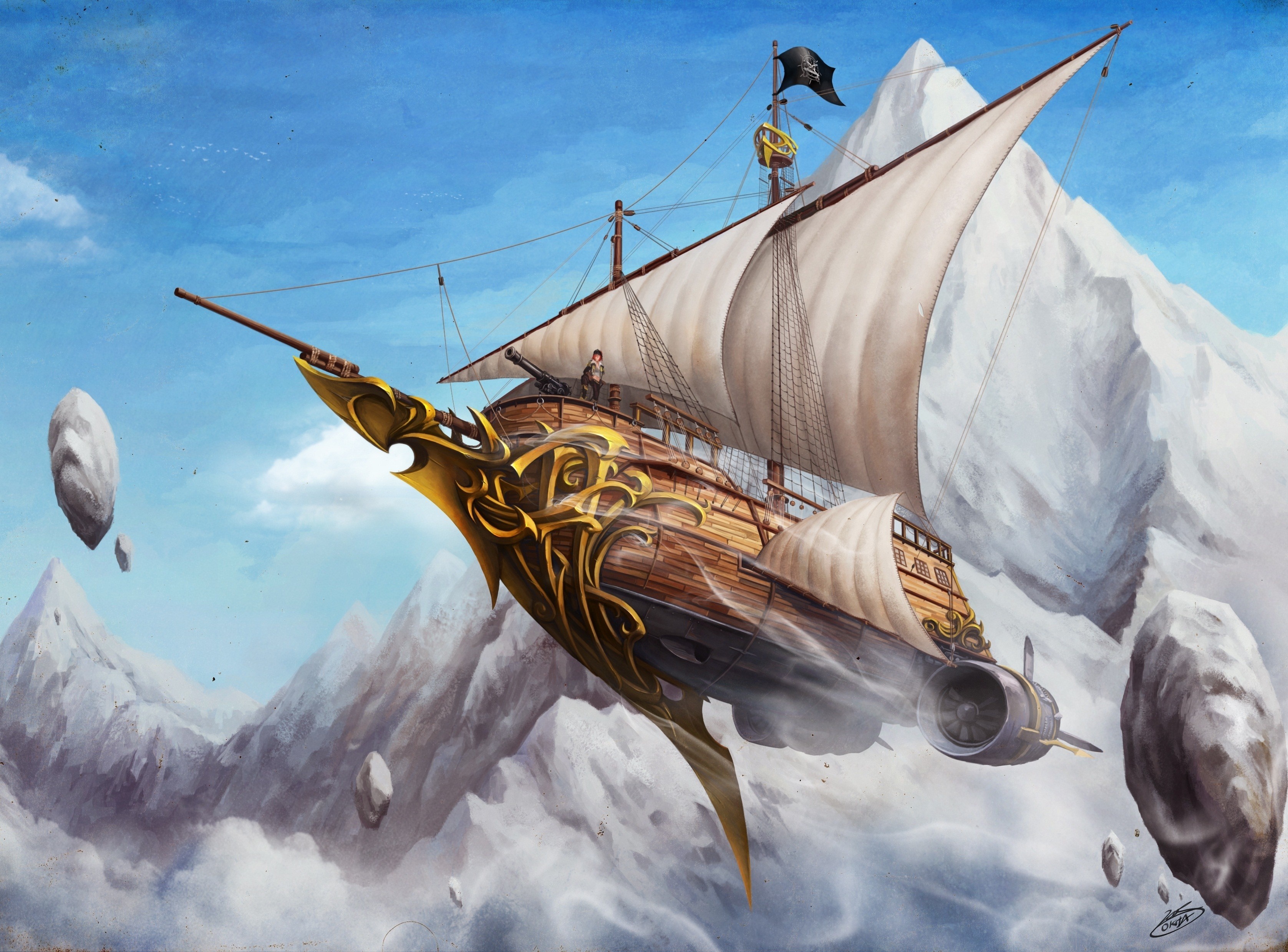 Fantasy airship flying through snowy mountains HD Wallpaper