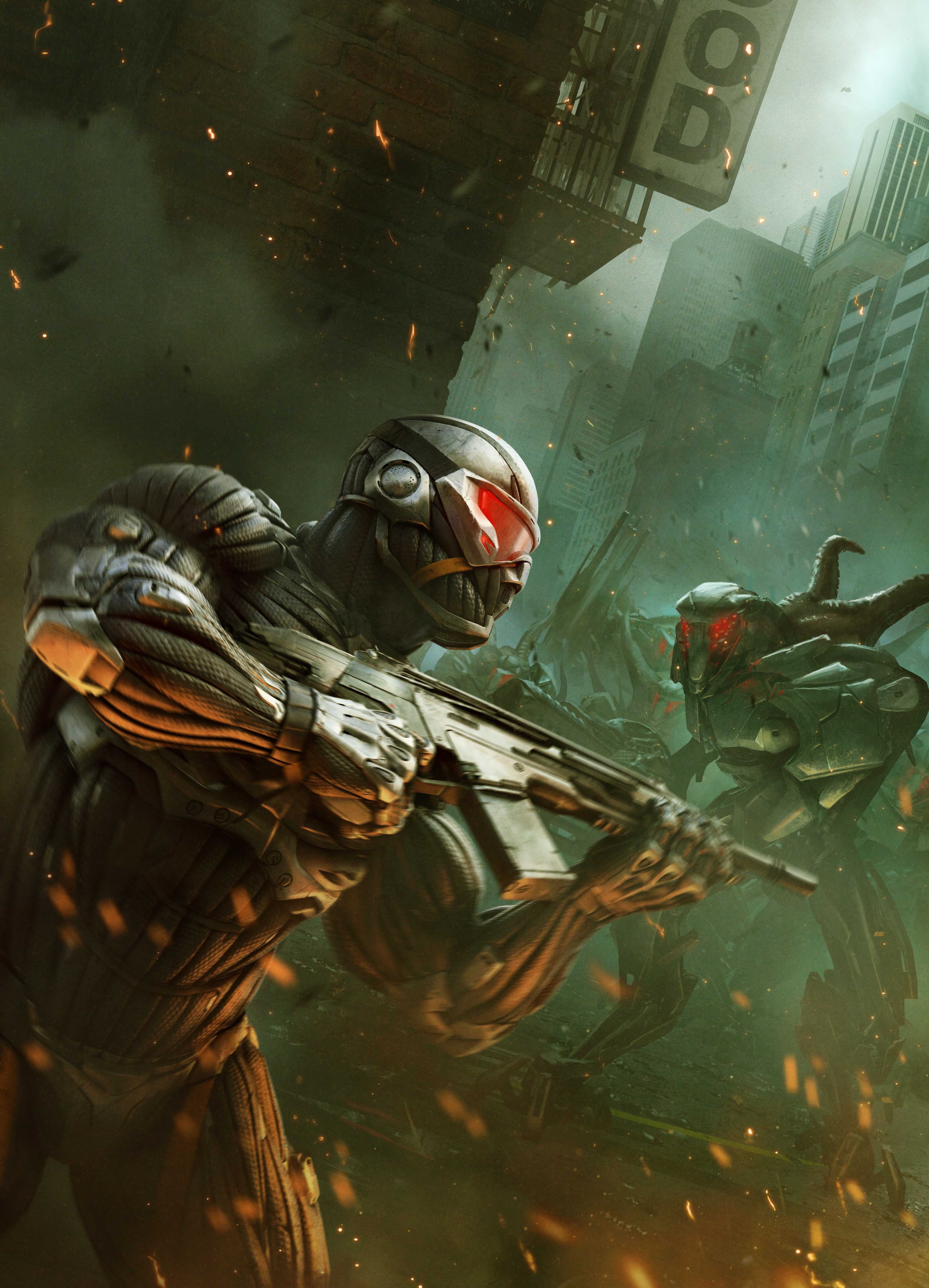 Soldier from Crysis in a destroyed city HD Wallpaper