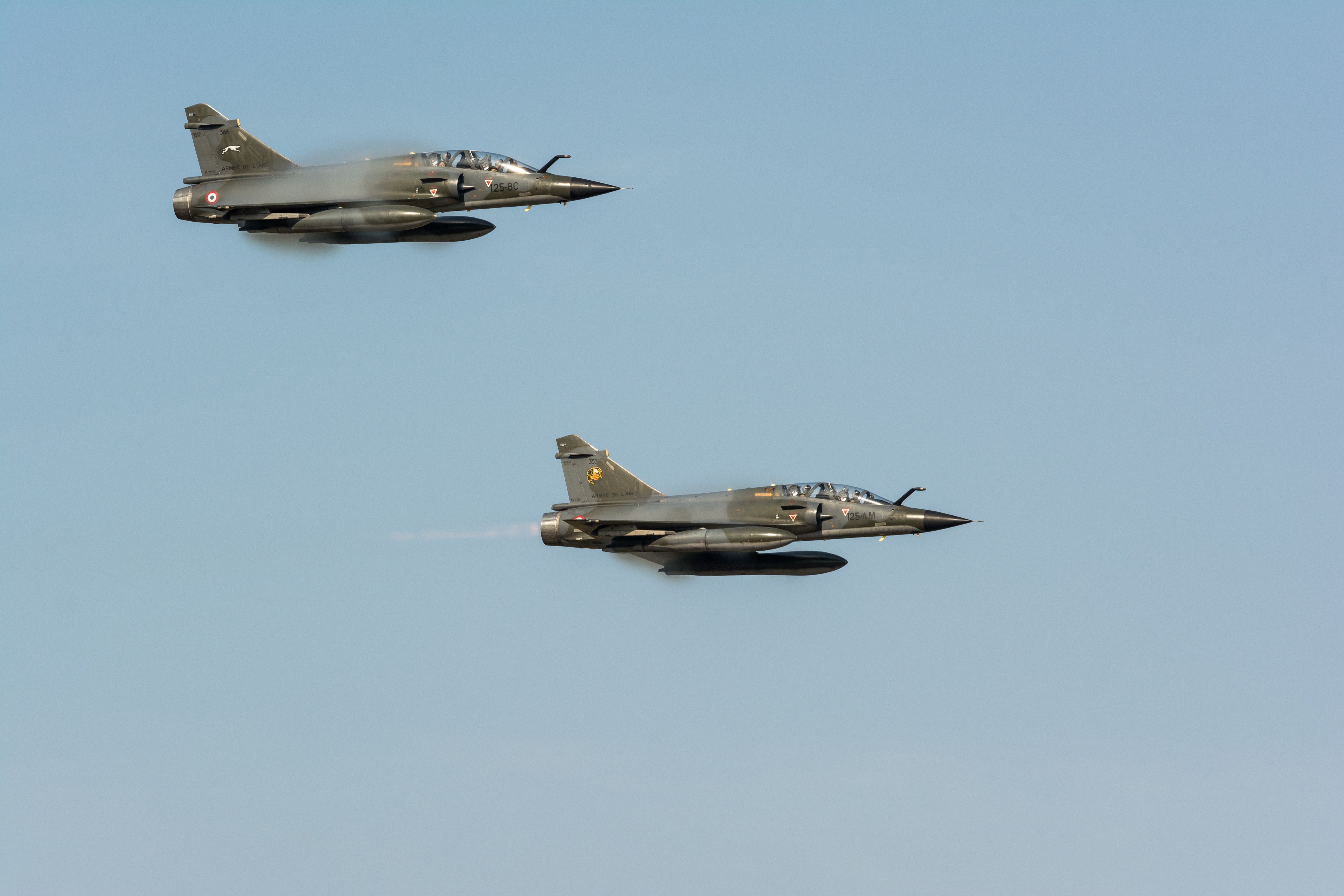 Two French Air Force Mirage 2000 fighter jets in flight HD Wallpaper