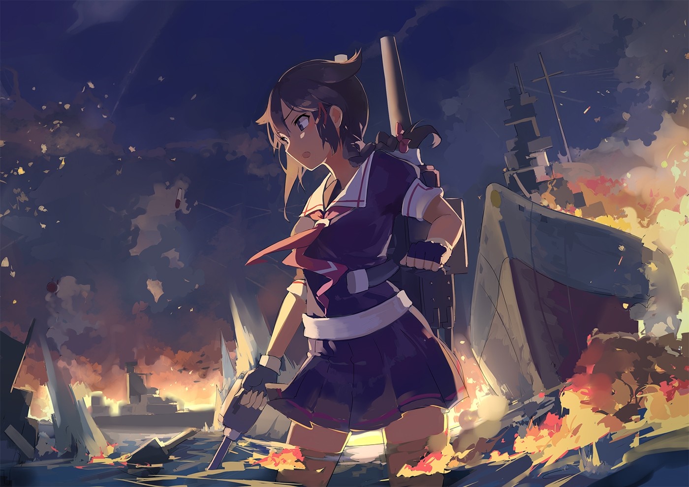 Girl from Kantai Collection in a burning naval battle HD Wallpaper