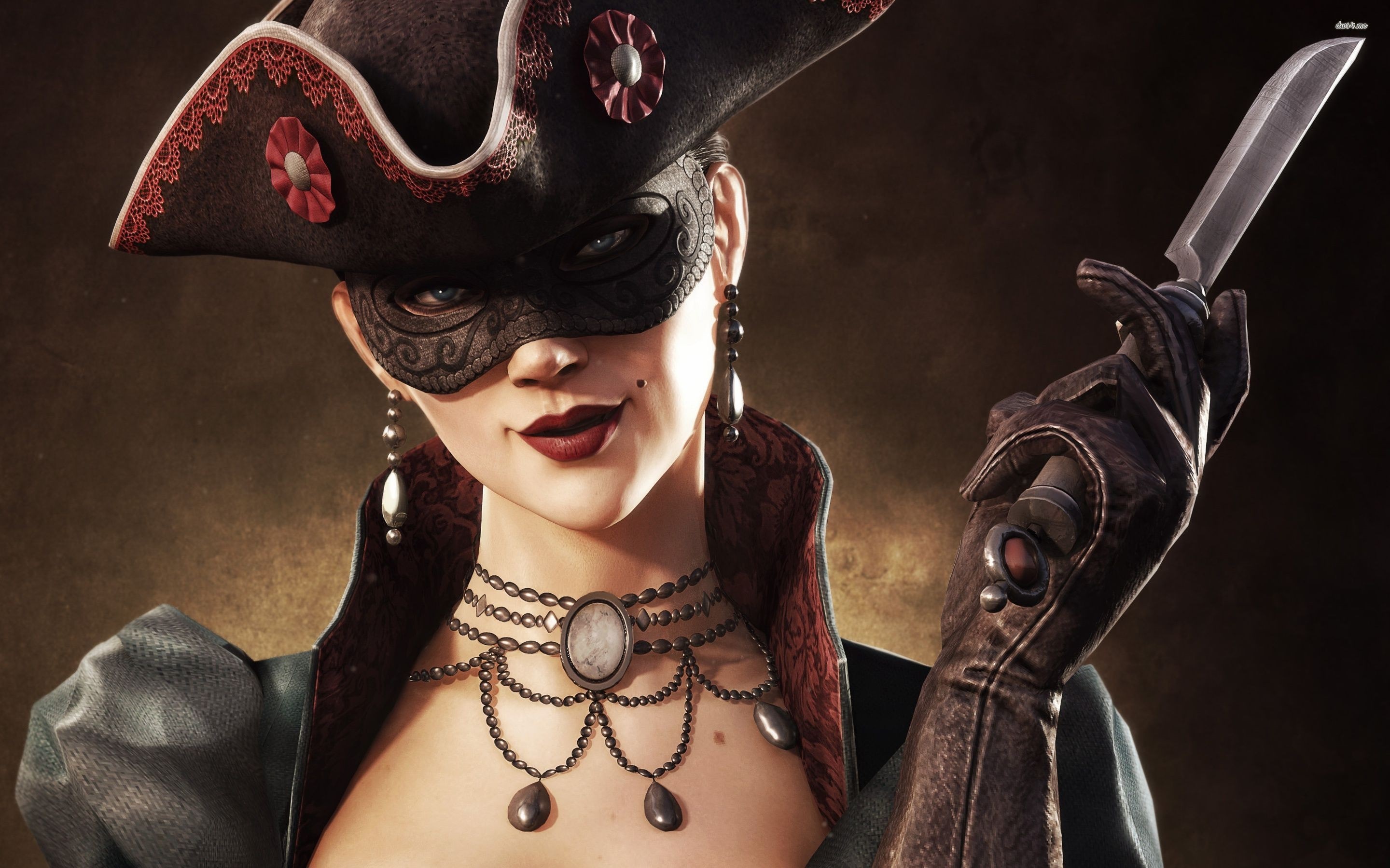 Assassin's Creed character in masquerade costume holding a knife HD Wallpaper