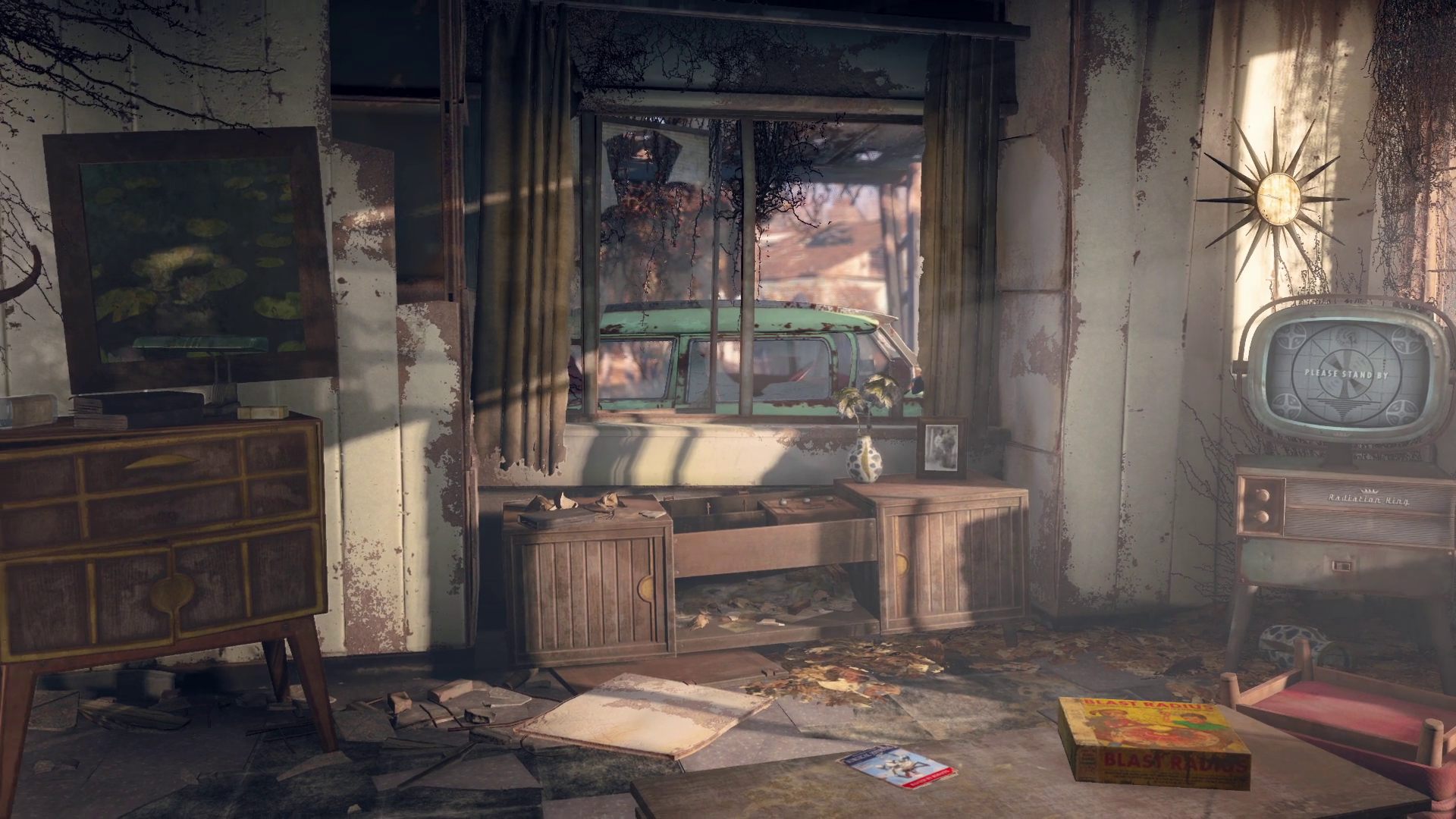 Fallout 4 screenshot of a post-apocalyptic living room HD Wallpaper