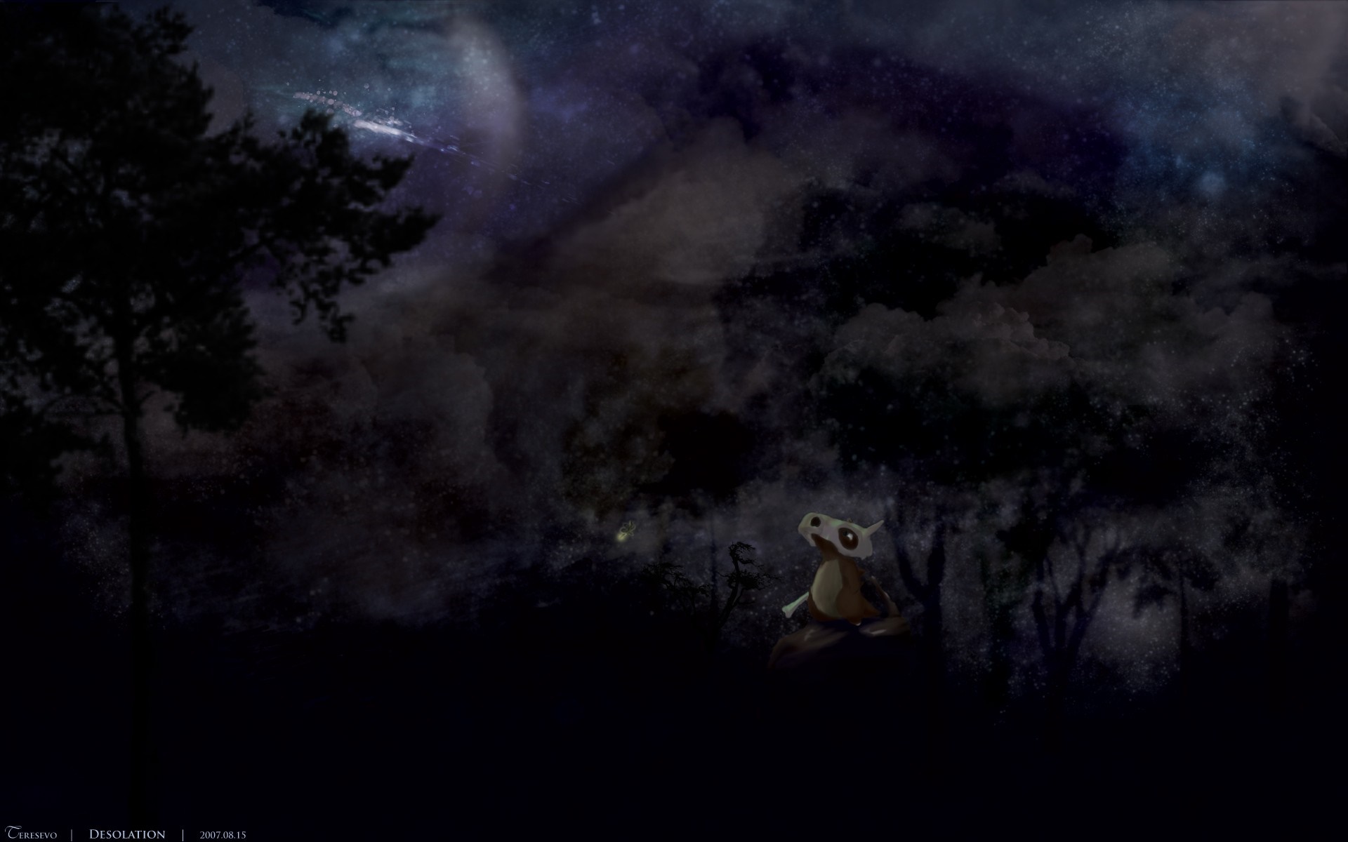 Cubone from Pokemon in a dark forest at night HD Wallpaper