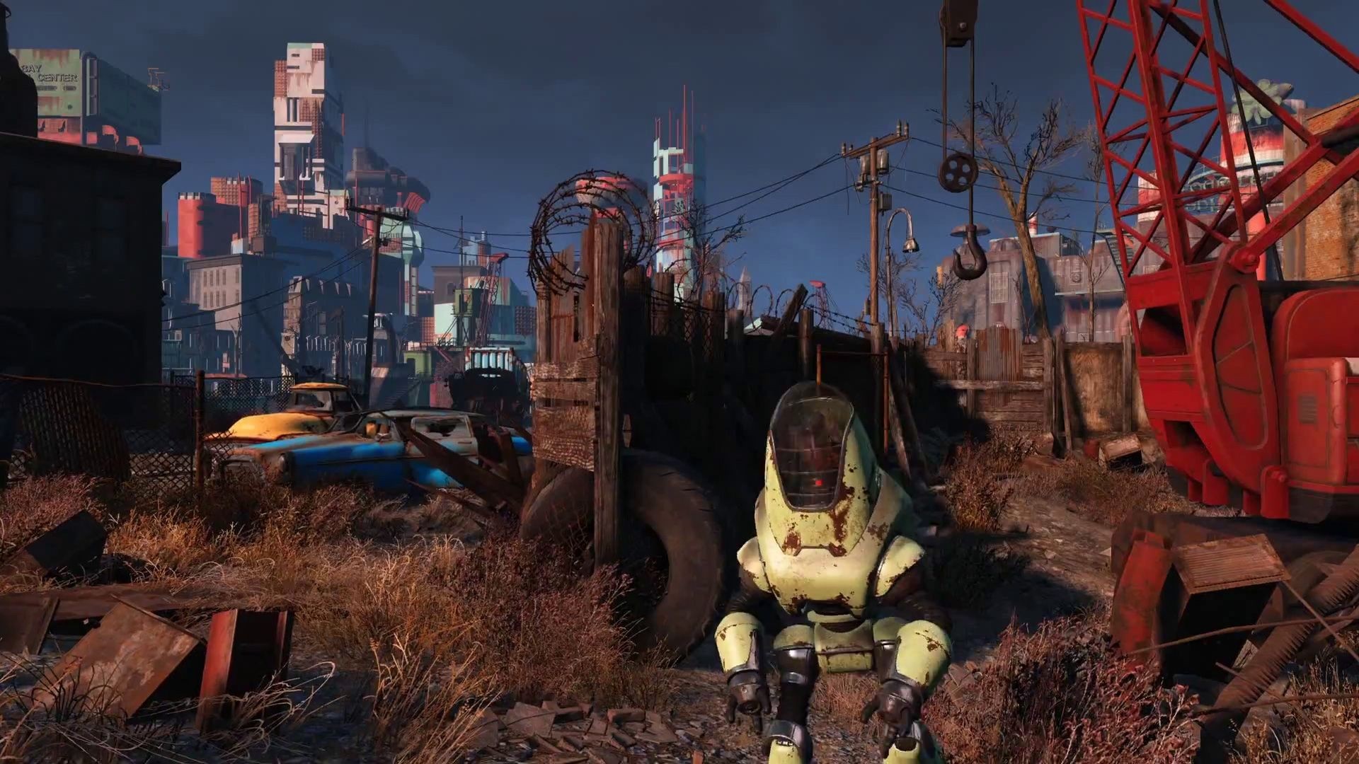 Robot in a post-apocalyptic city in Fallout 4 HD Wallpaper