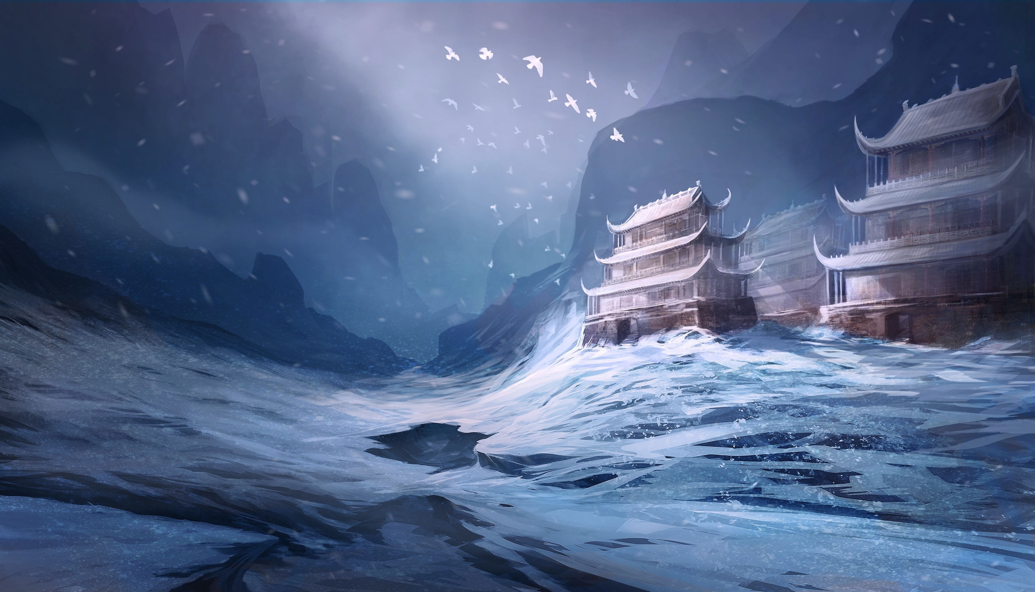 Fantasy art of temples in a snowy, icy landscape with birds HD Wallpaper