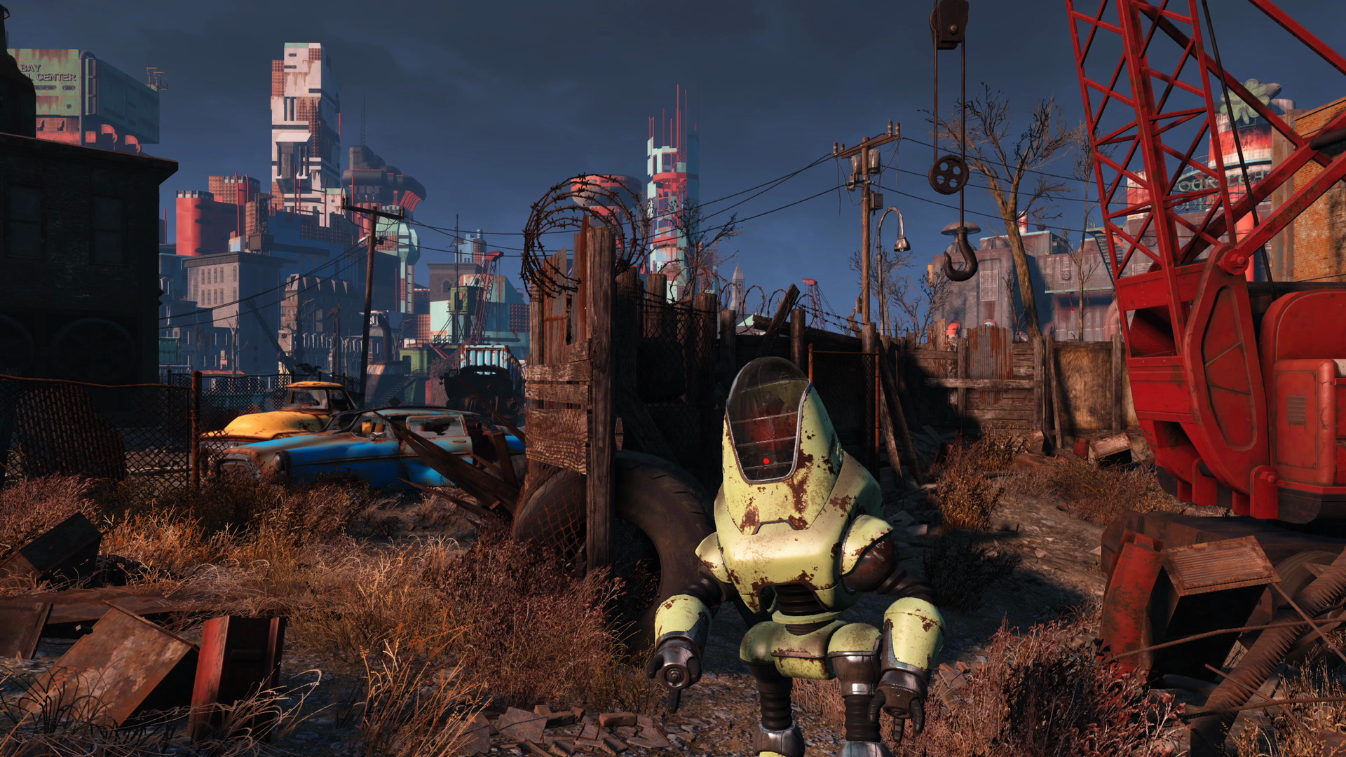 Robot in a post-apocalyptic city in Fallout 4 HD Wallpaper
