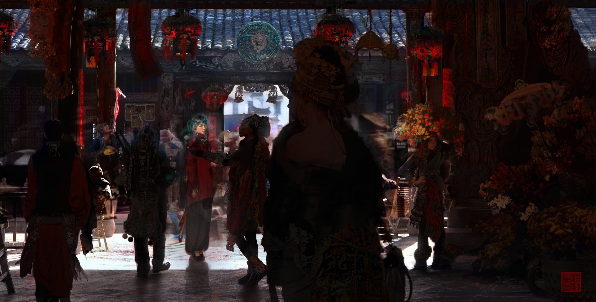 People in traditional Chinese attire in a marketplace HD Wallpaper