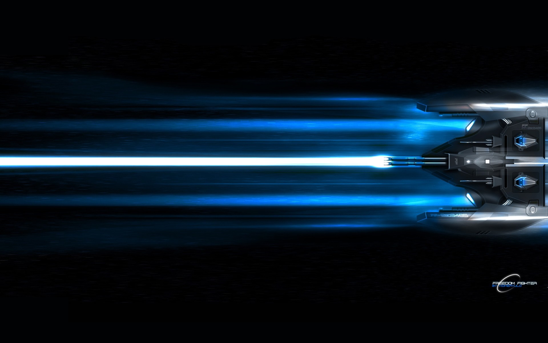 Spaceship firing a bright blue beam of light HD Wallpaper