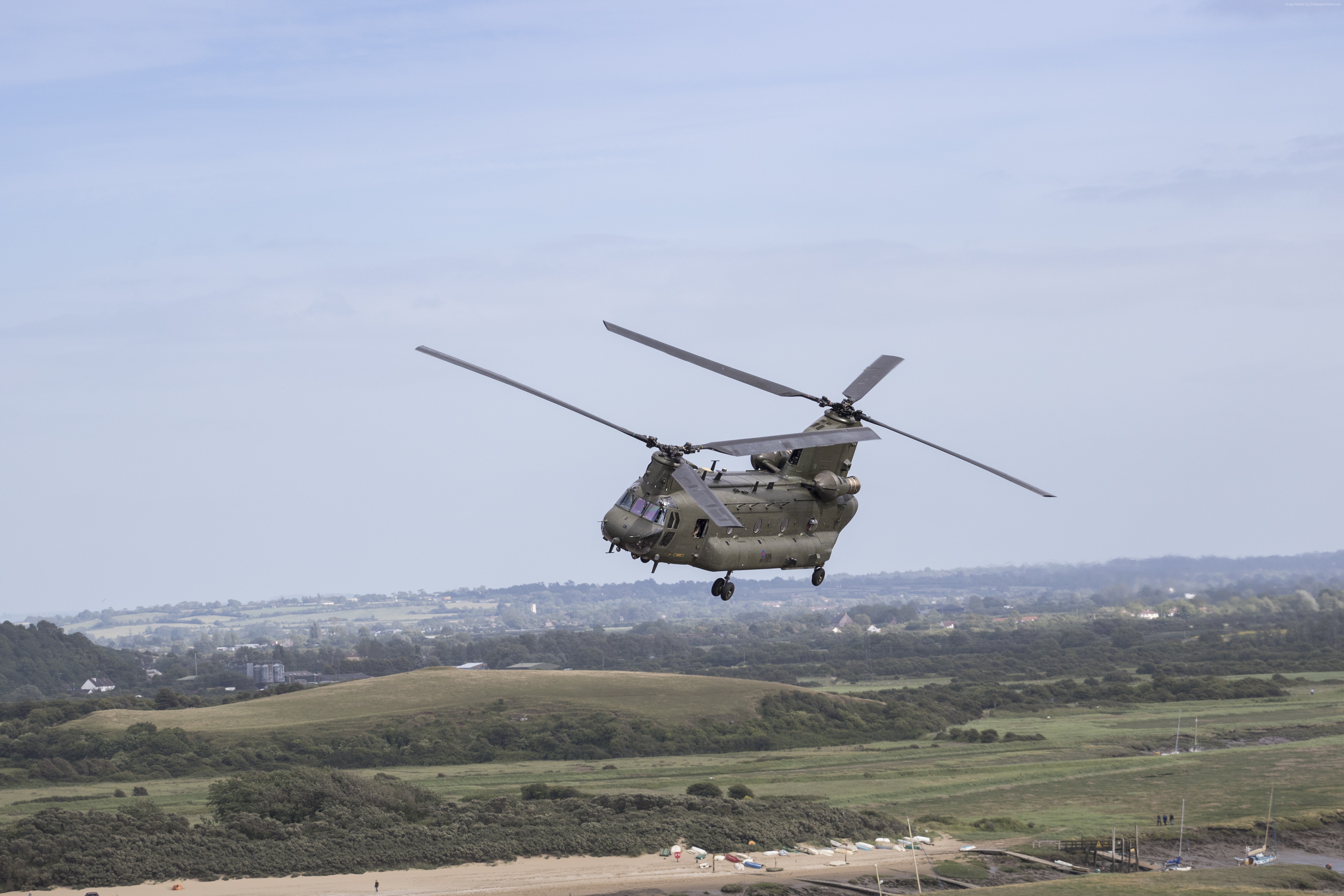 Boeing Chinook helicopter flying over landscape HD Wallpaper