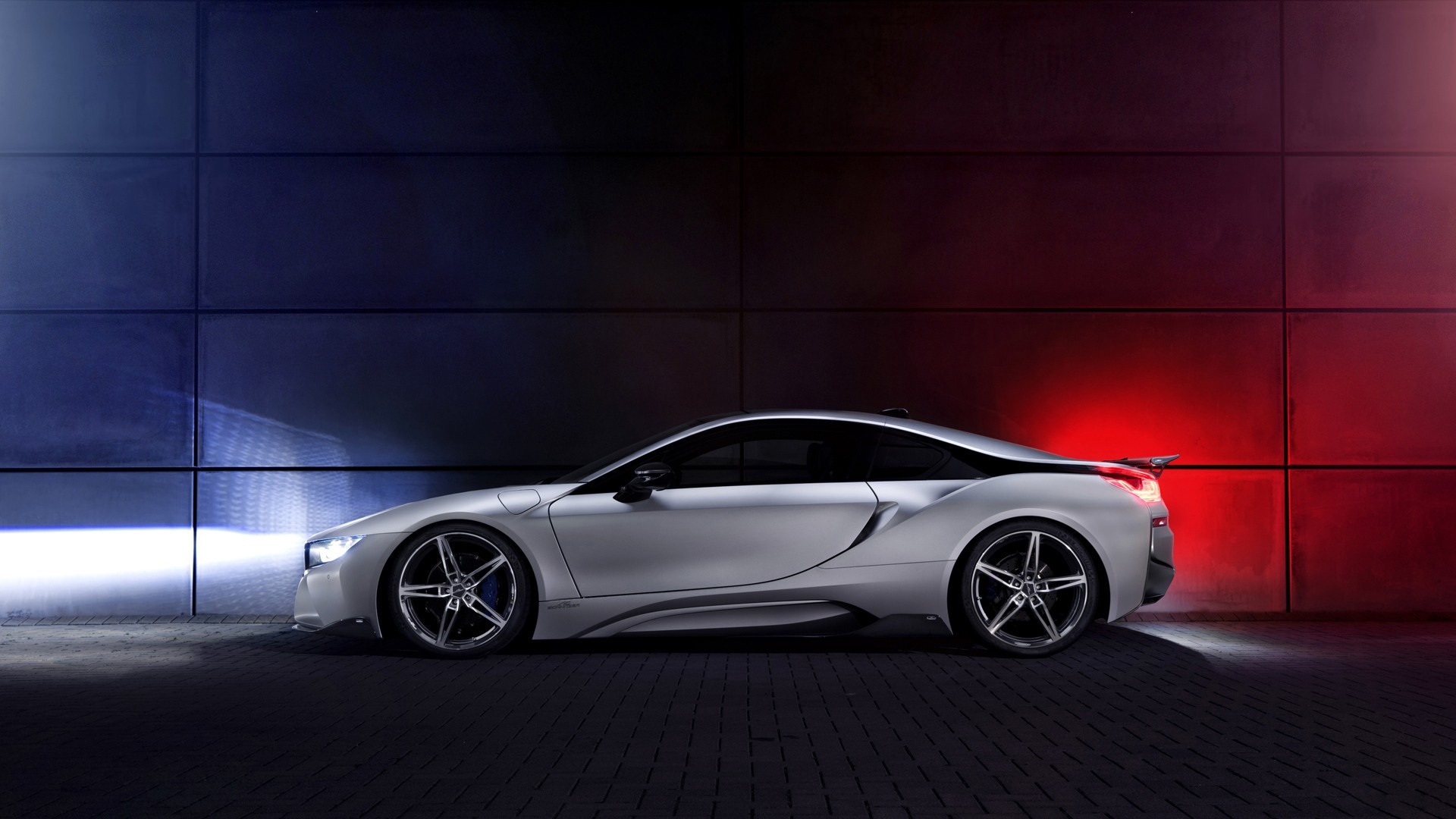 Silver BMW i8 Sports Car with Blue and Red Lighting HD Wallpaper