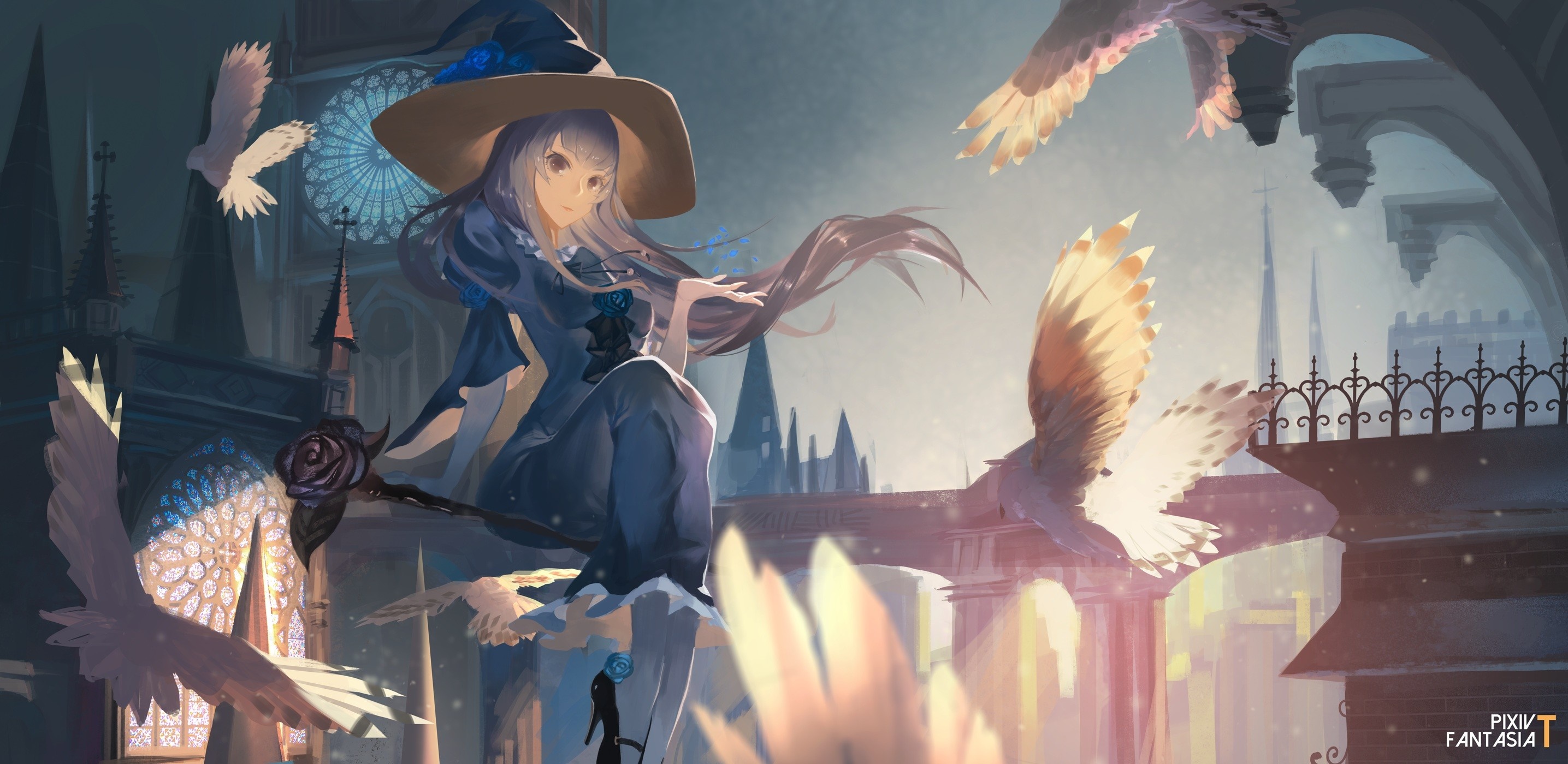Anime witch with owls in a gothic city HD Wallpaper