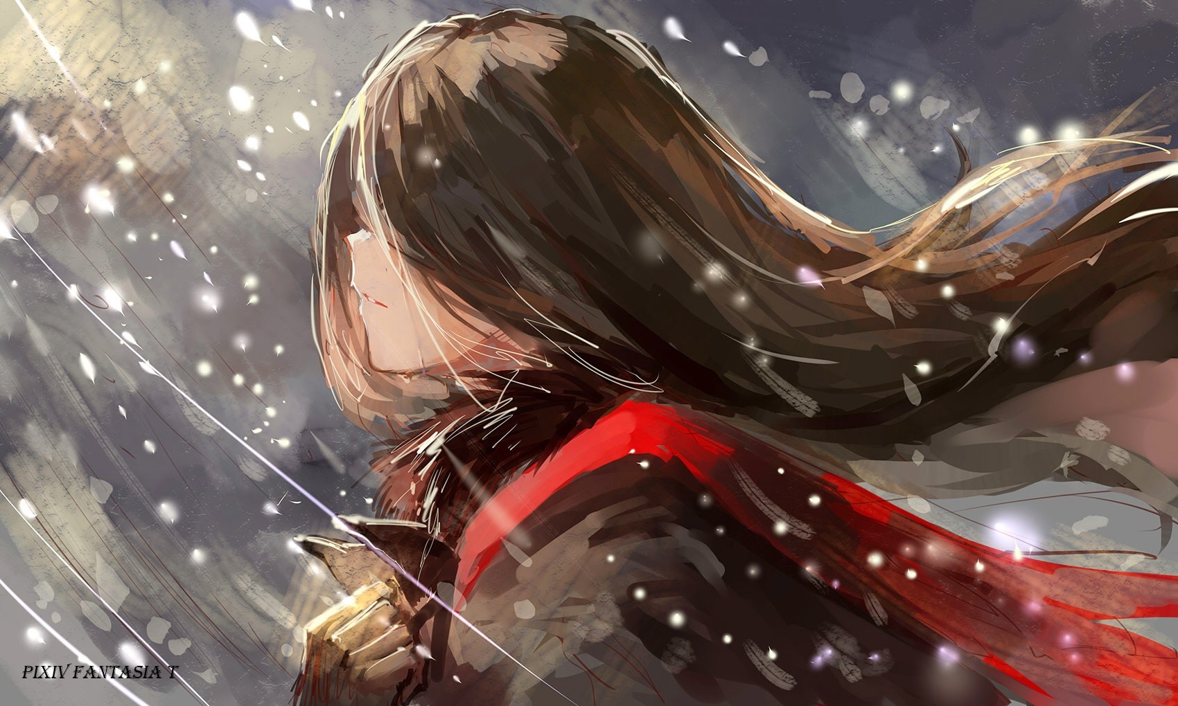 Anime girl with brown hair and red scarf in snow HD Wallpaper