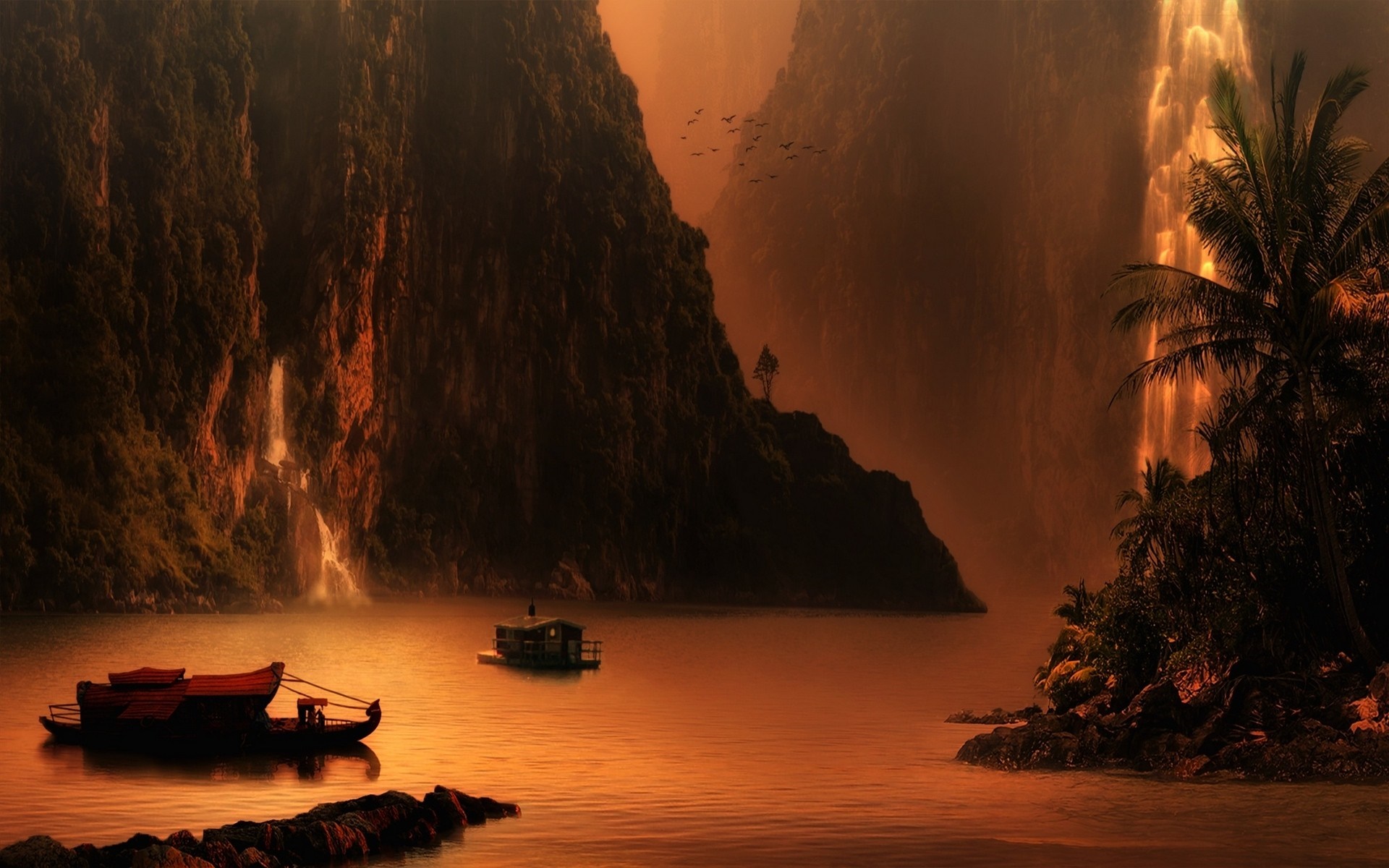 Boats on a lake with waterfalls and mountains HD Wallpaper