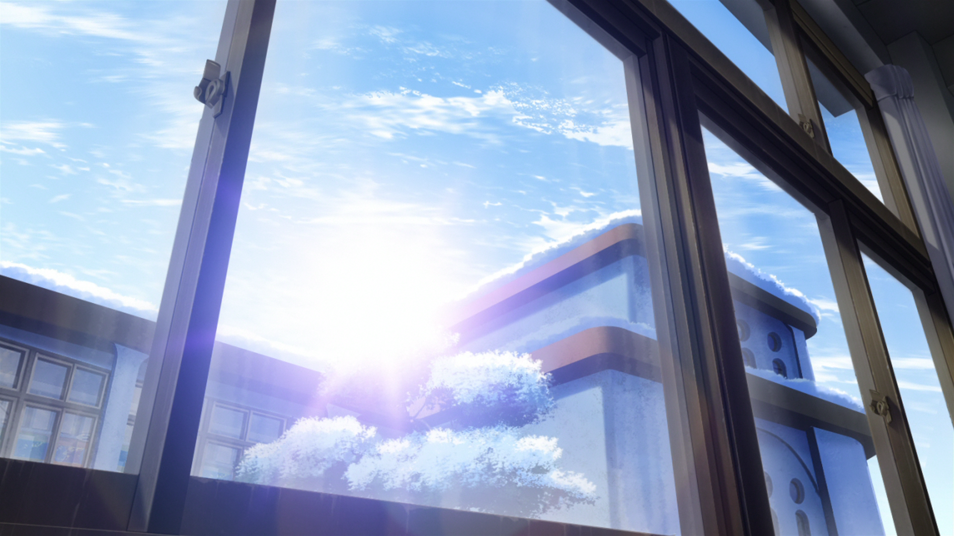 Anime landscape with sun flare through window HD Wallpaper