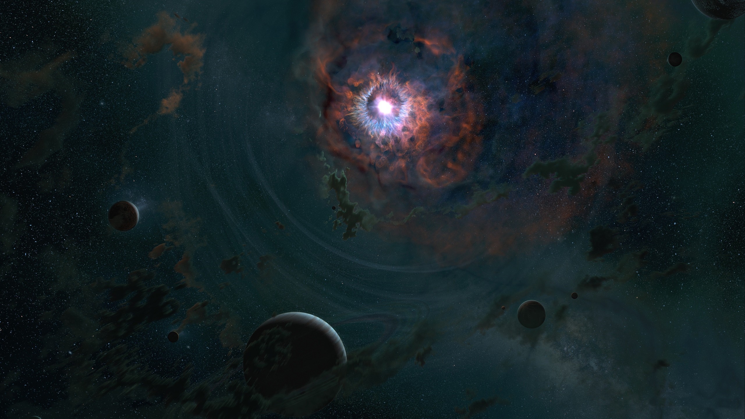Digital art of a nebula with planets in space HD Wallpaper