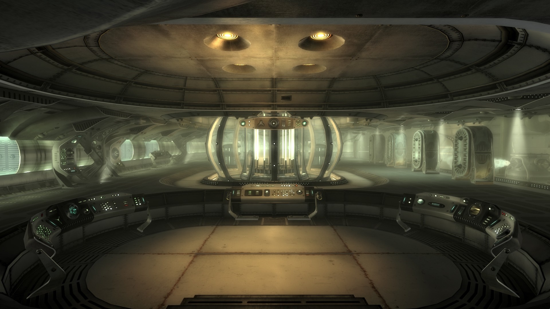 Interior of a futuristic laboratory with a central machine HD Wallpaper