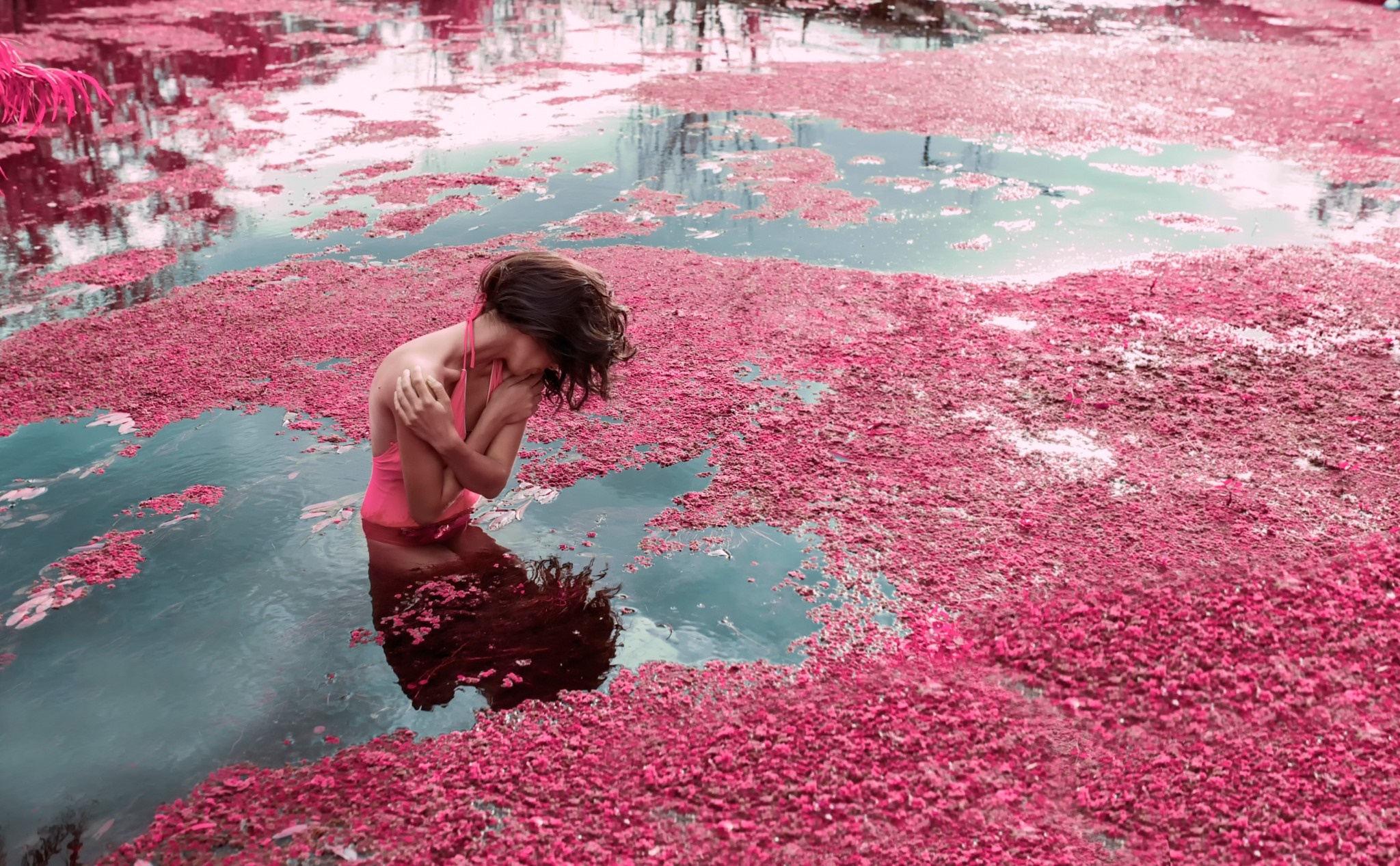 Woman in pink swimsuit in pink water with reflections HD Wallpaper