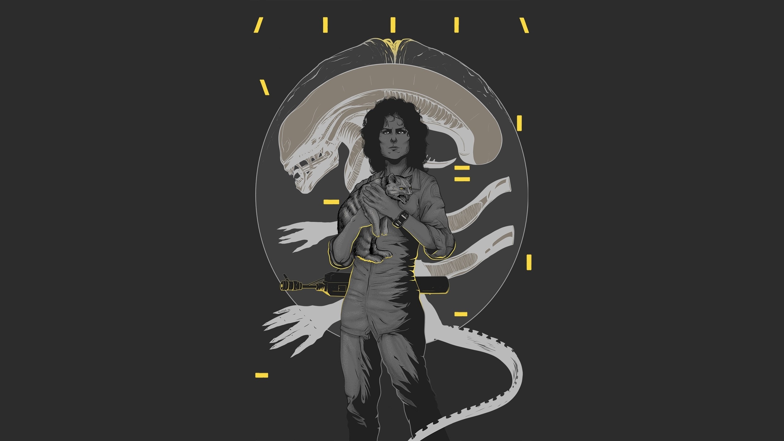 Ripley holding Jonesy from Alien with Xenomorph behind HD Wallpaper