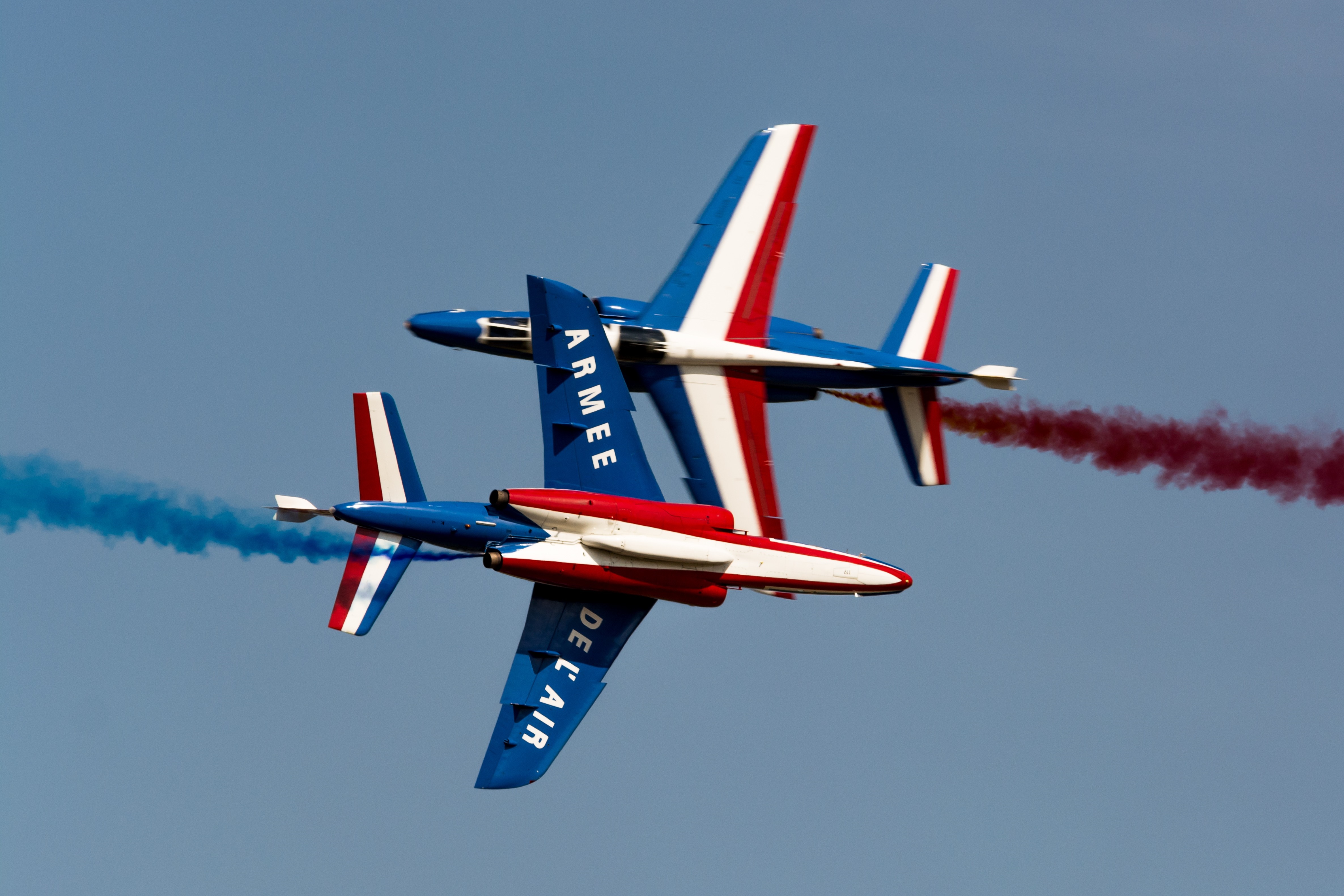 Patrouille de France jets performing aerobatics with smoke trails HD Wallpaper