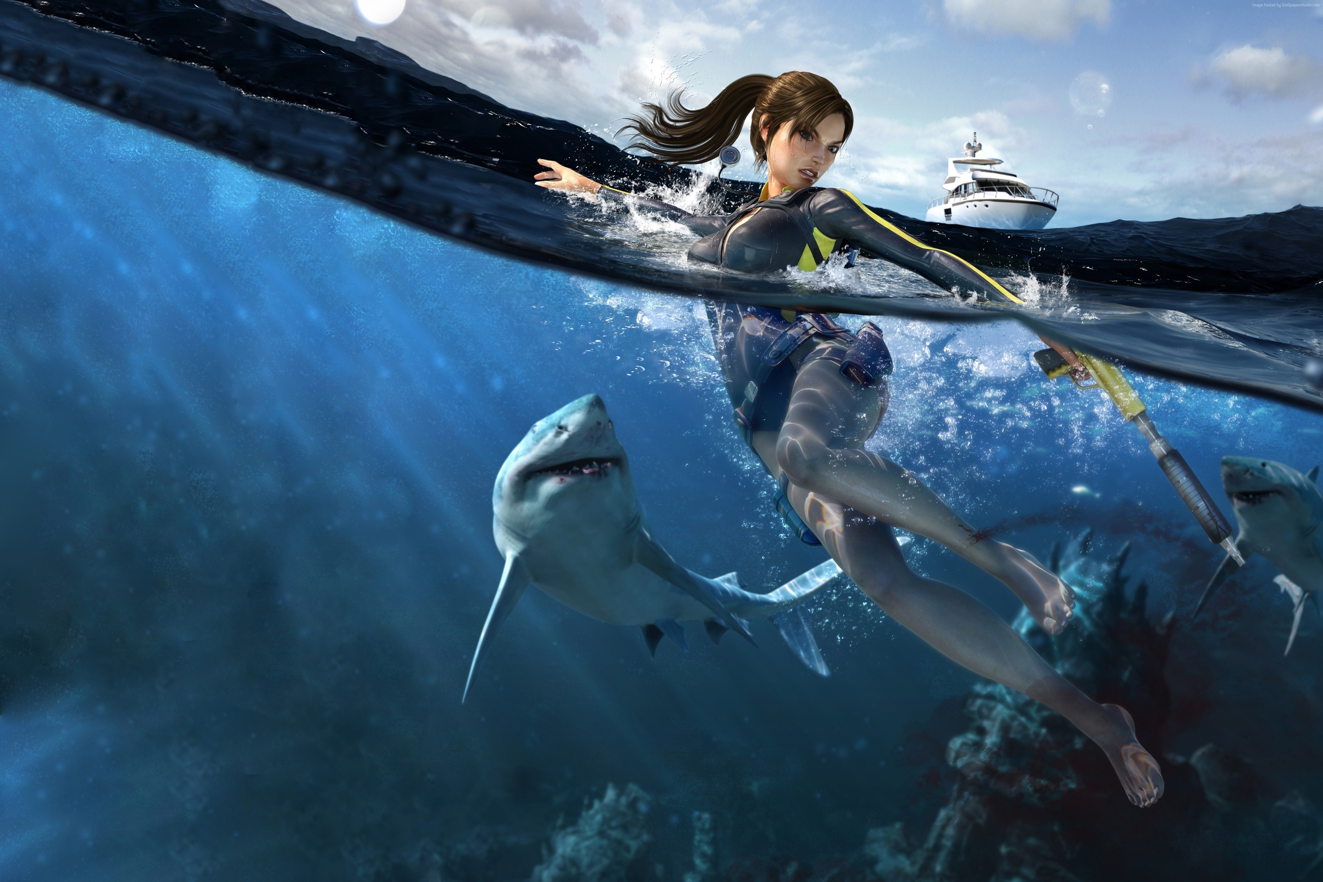 hunting, Tomb Raider, yaht, Lara Croft, shark, action, Illustration, underwater HD Wallpaper