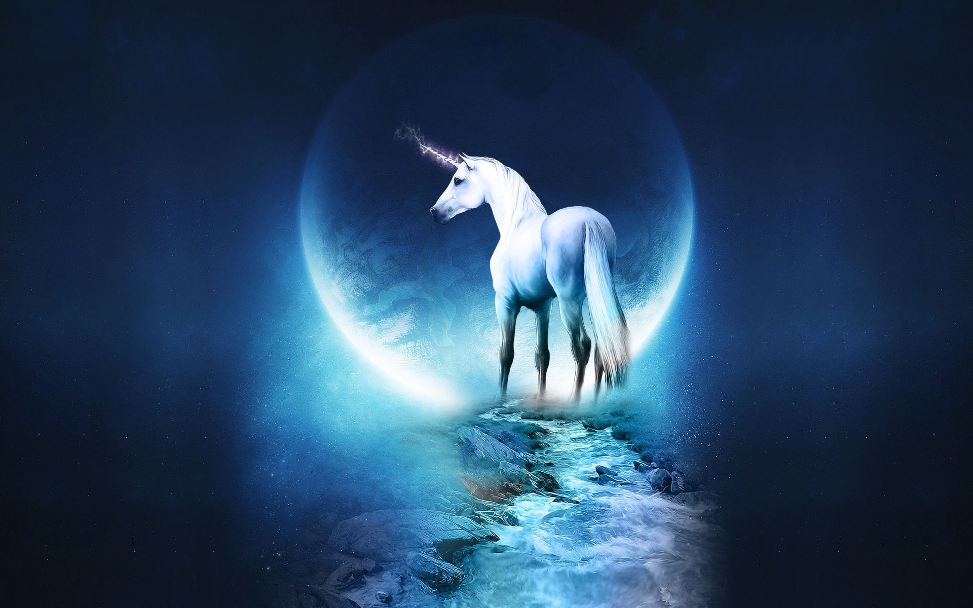Unicorn standing on a rocky shore with a planet in the background HD Wallpaper