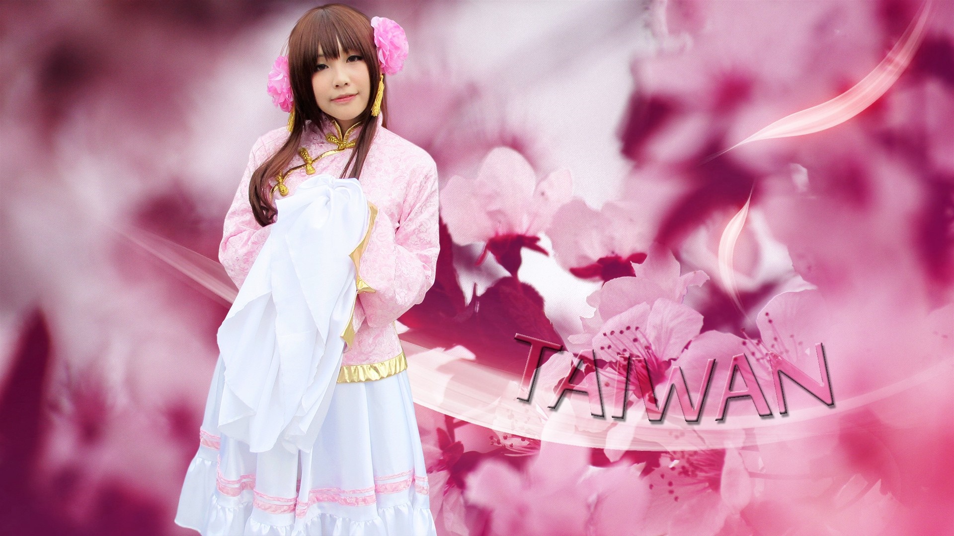 Cosplayer dressed as Taiwan character with pink flowers HD Wallpaper