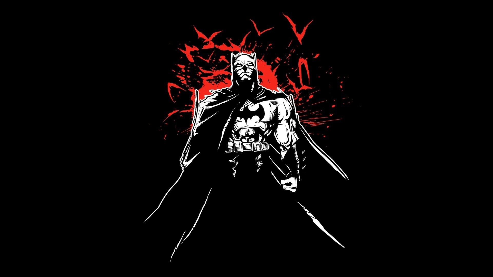 Batman illustration with red bats and splatters HD Wallpaper