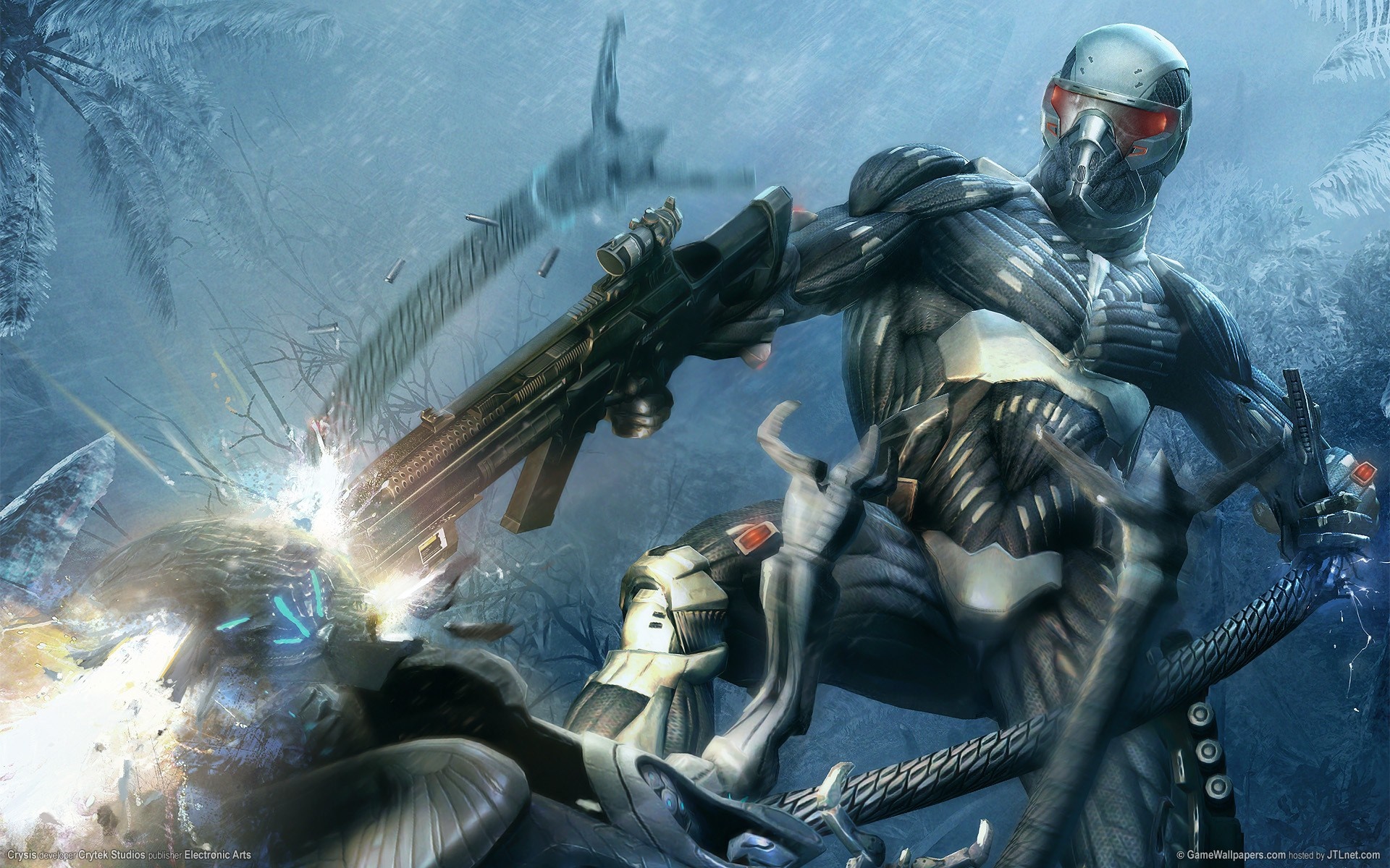 Soldier in Nanosuit firing weapon at alien creature in Crysis 3 HD Wallpaper