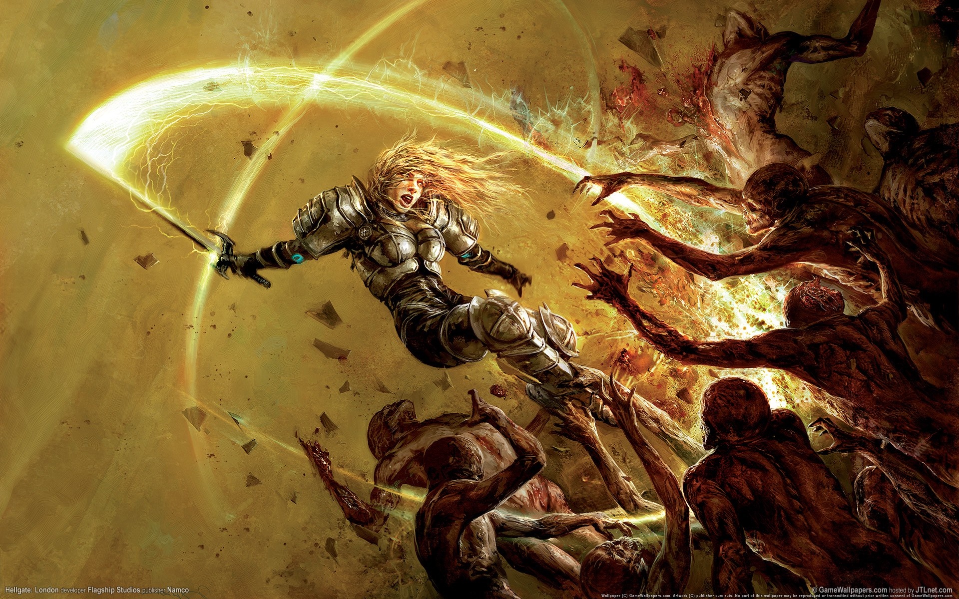 Hellgate London: Warrior fighting zombies with lightning sword HD Wallpaper