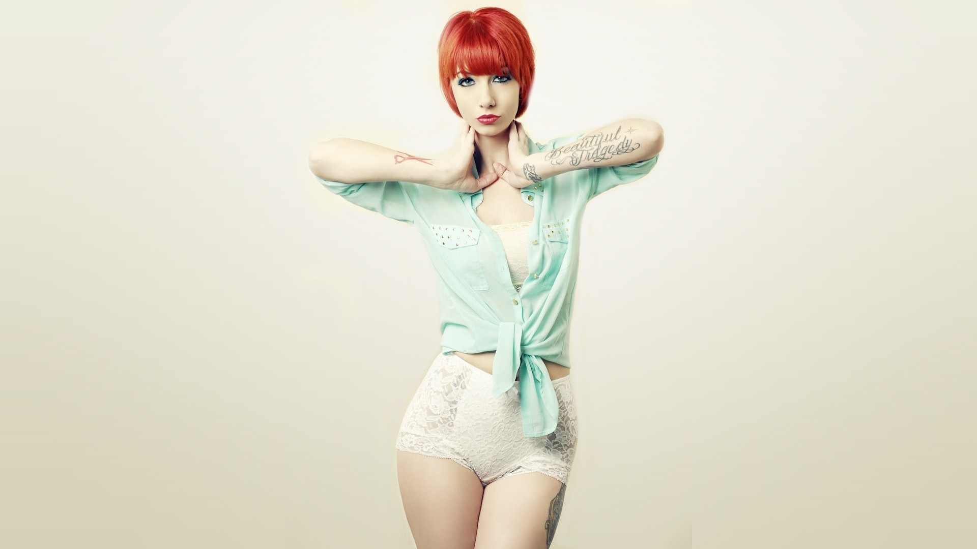 Redhead woman with tattoos in lingerie HD Wallpaper