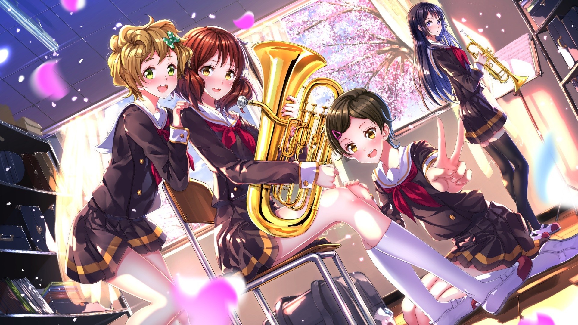 Anime girls with musical instruments HD Wallpaper