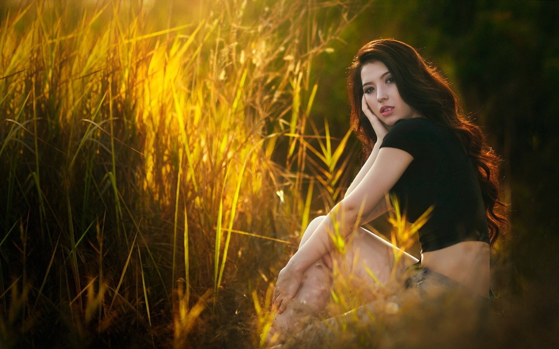 Woman with long wavy hair in tall grass HD Wallpaper