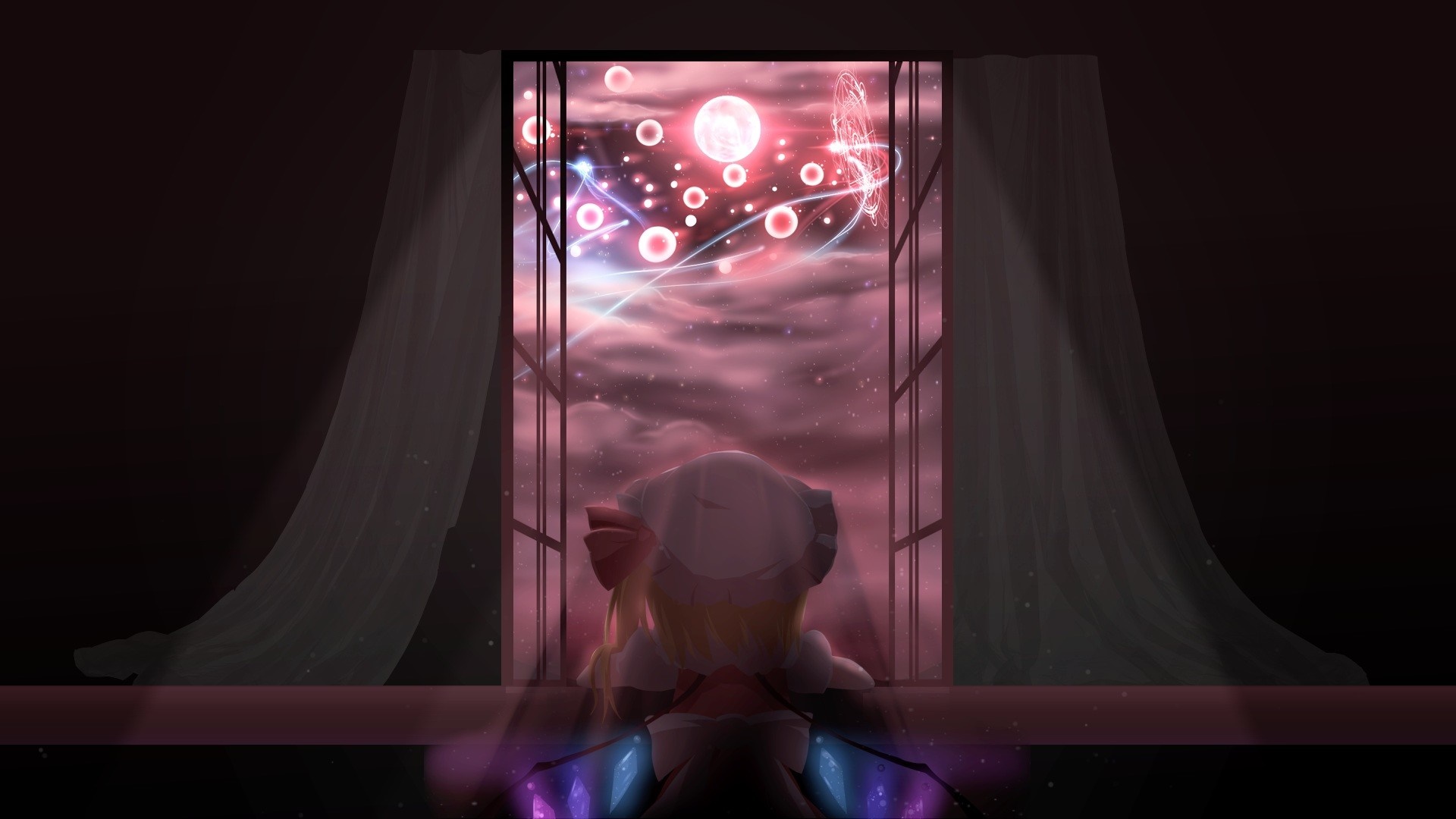 Flandre Scarlet from Touhou looking out a window at a pink sky HD Wallpaper