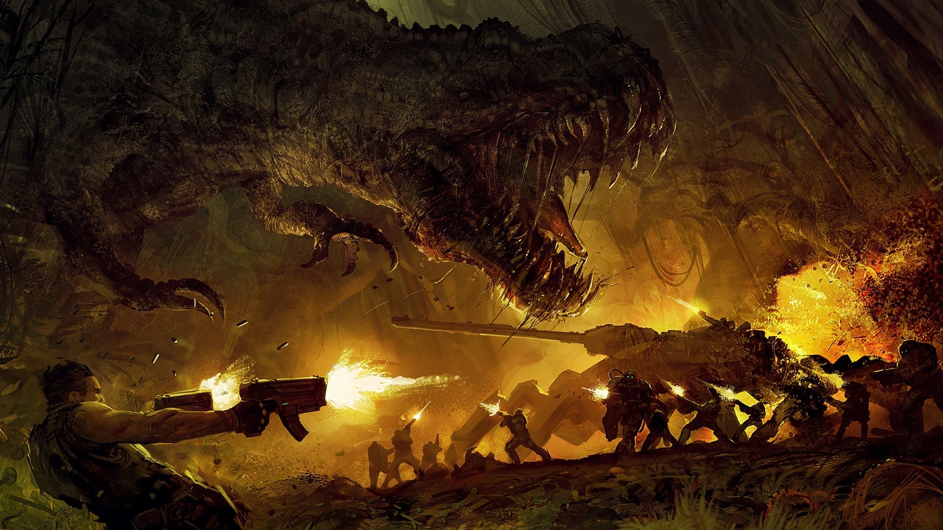 Turok: Dinosaur Hunter - Soldiers fight a Tyrannosaurus Rex HD Wallpaper
