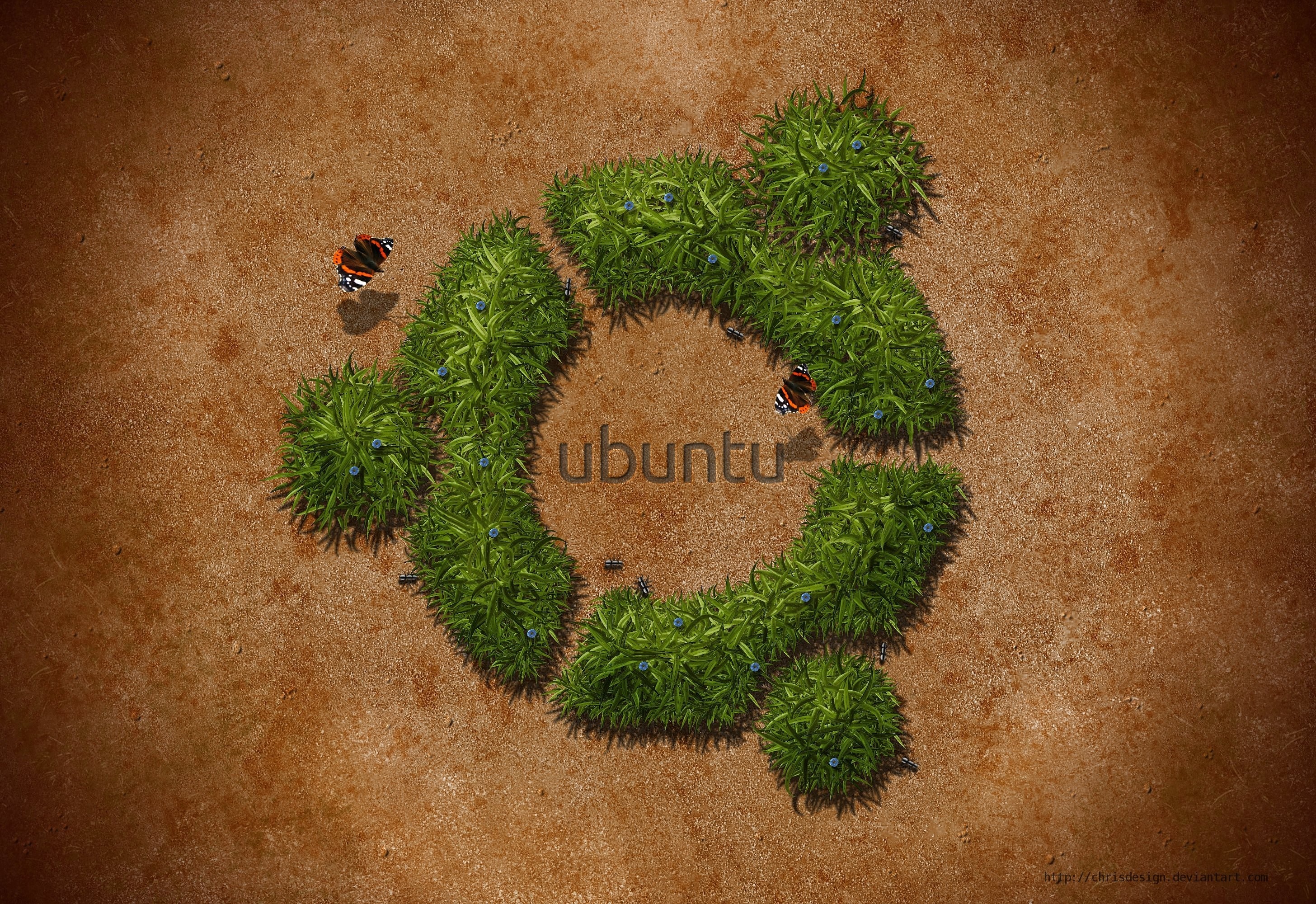 Ubuntu logo made of grass with butterflies and ants HD Wallpaper