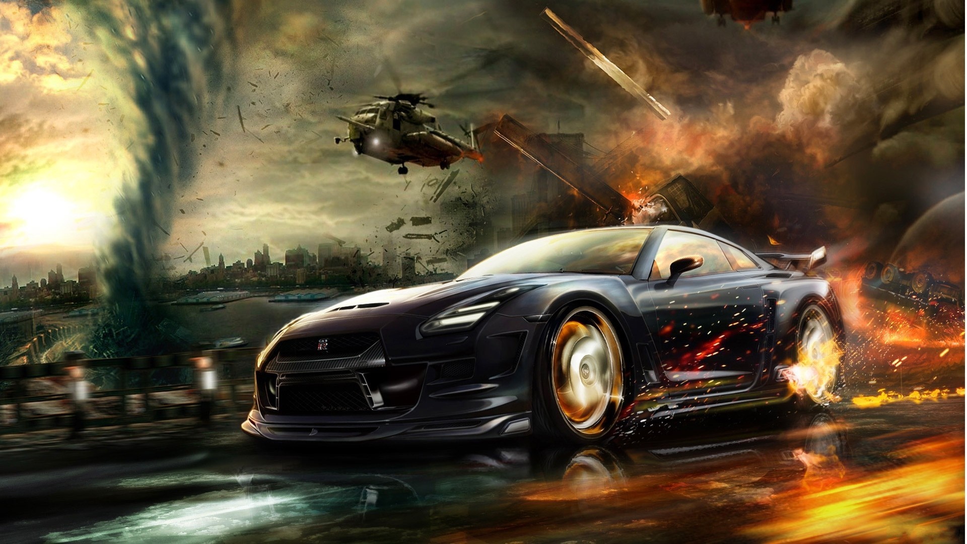 Nissan GT-R Speeding Through Chaotic Storm HD Wallpaper