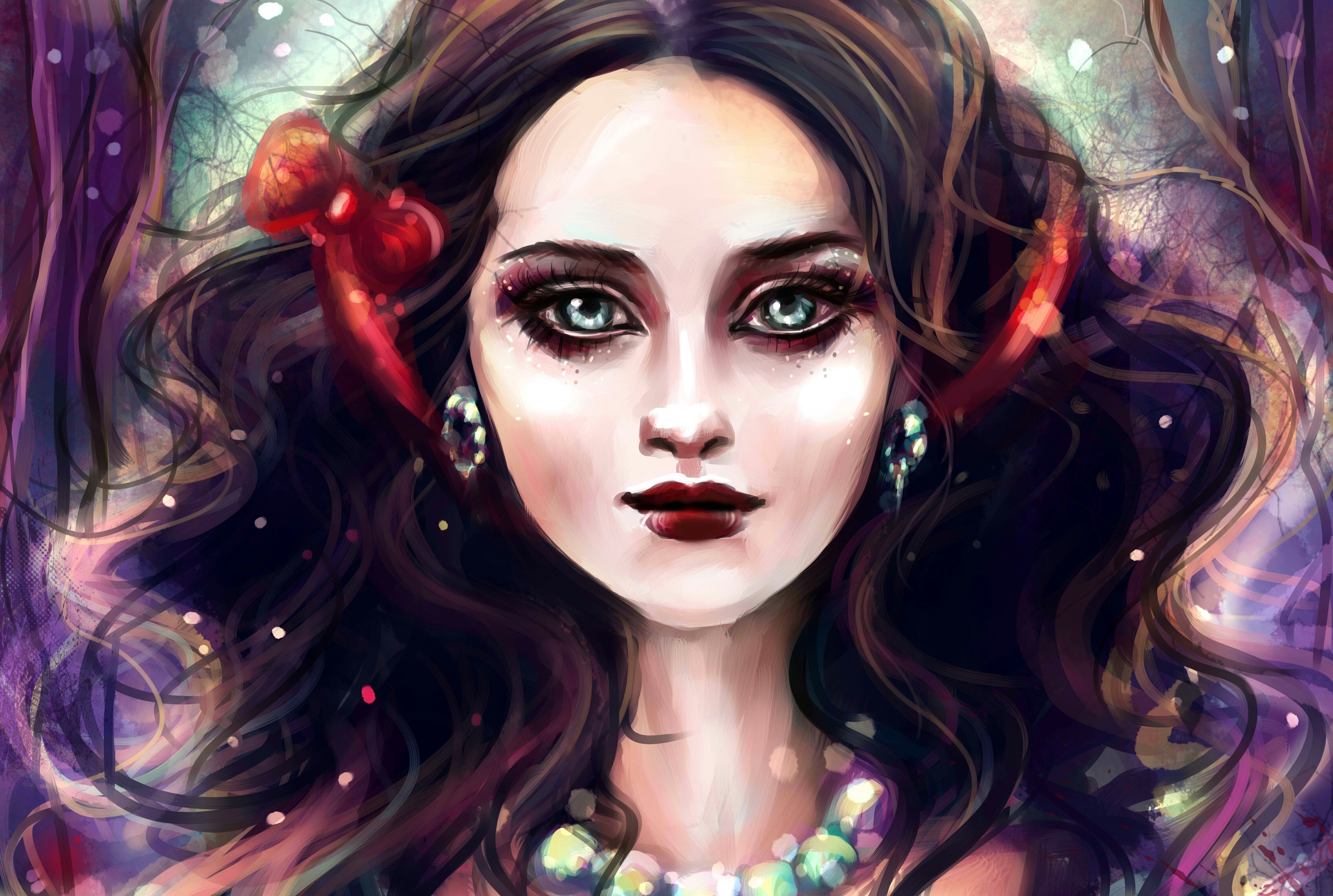 Illustration of a woman with horns and red bow HD Wallpaper