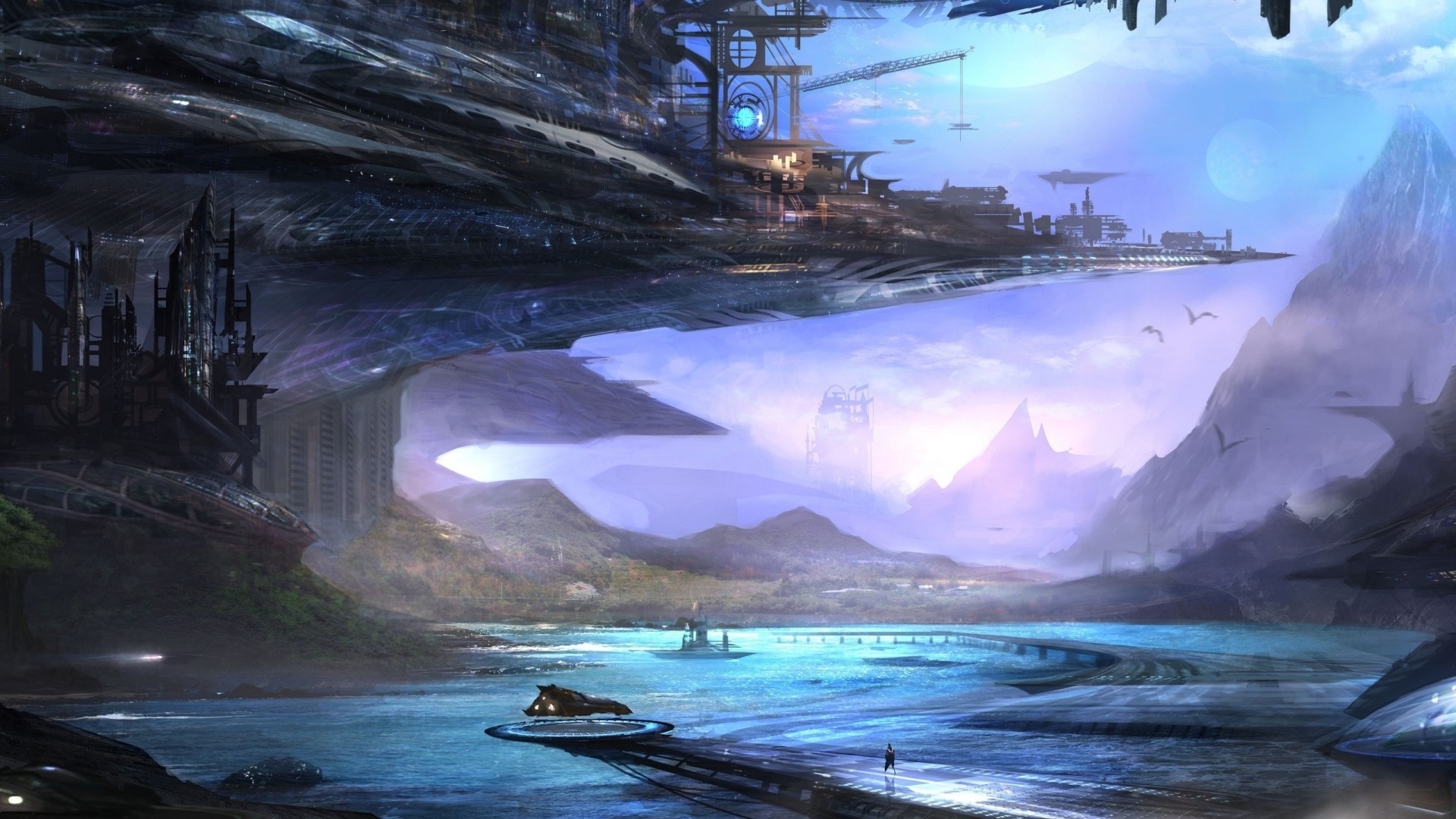 Futuristic city built into a cavern with a body of water HD Wallpaper