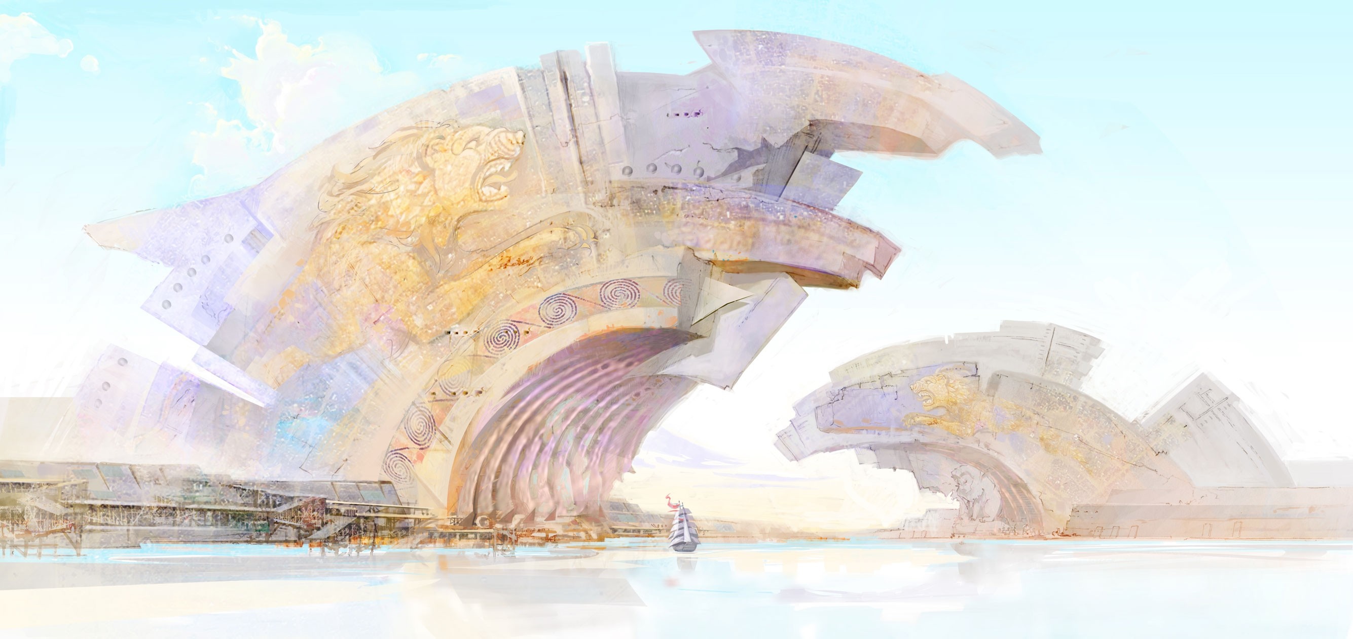 Lions Arch from Guild Wars 2 with a ghost ship HD Wallpaper