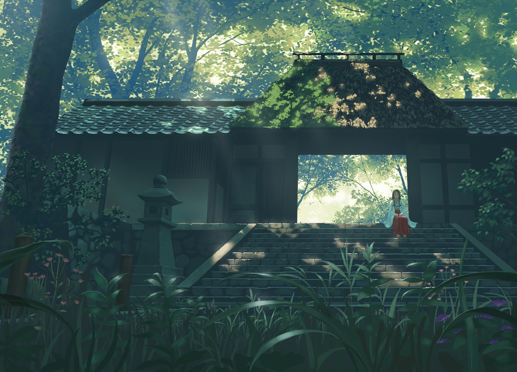Girl in traditional Japanese clothing at a shrine in a forest HD Wallpaper