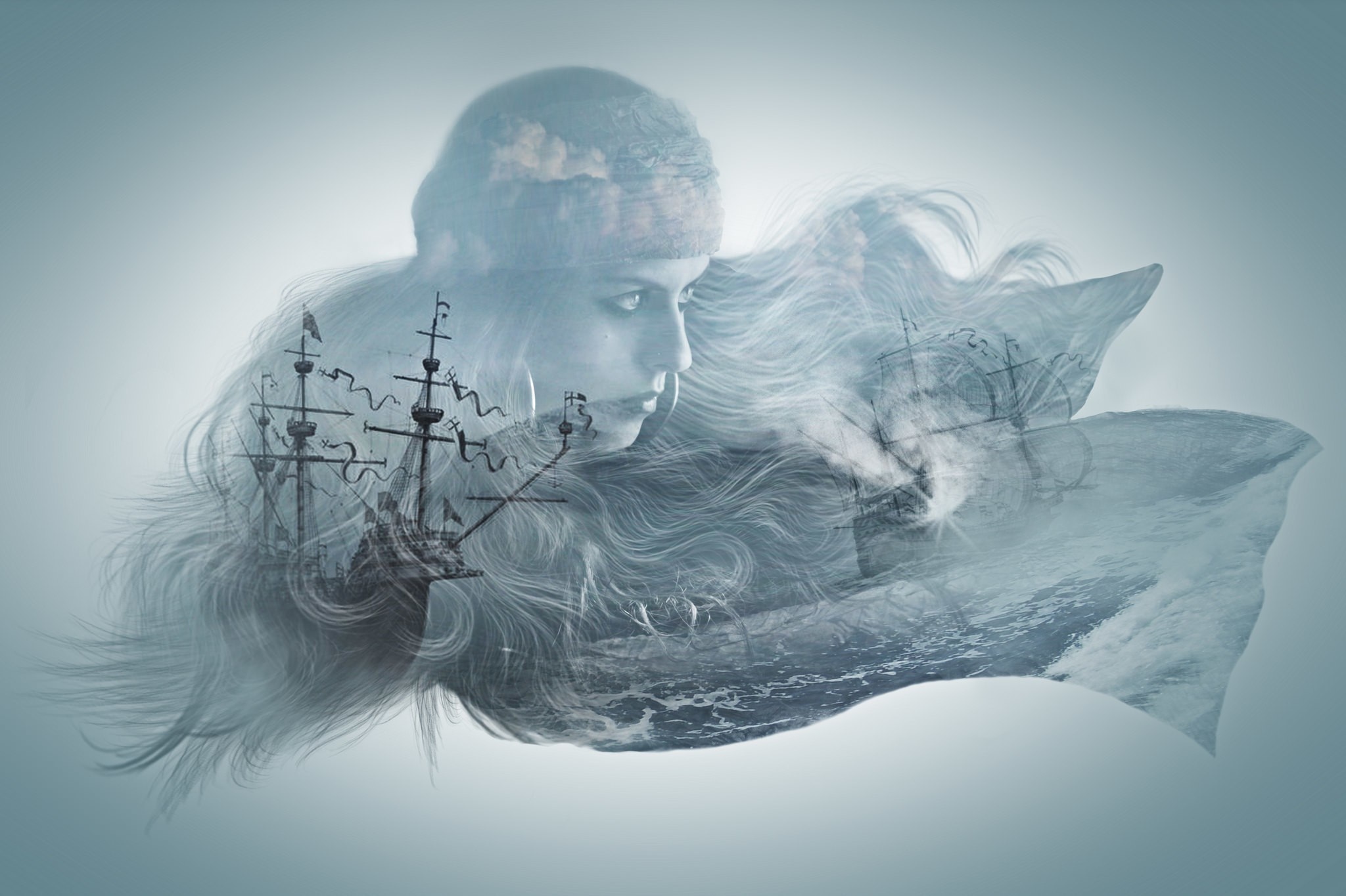 Double exposure of a woman and sailing ships HD Wallpaper