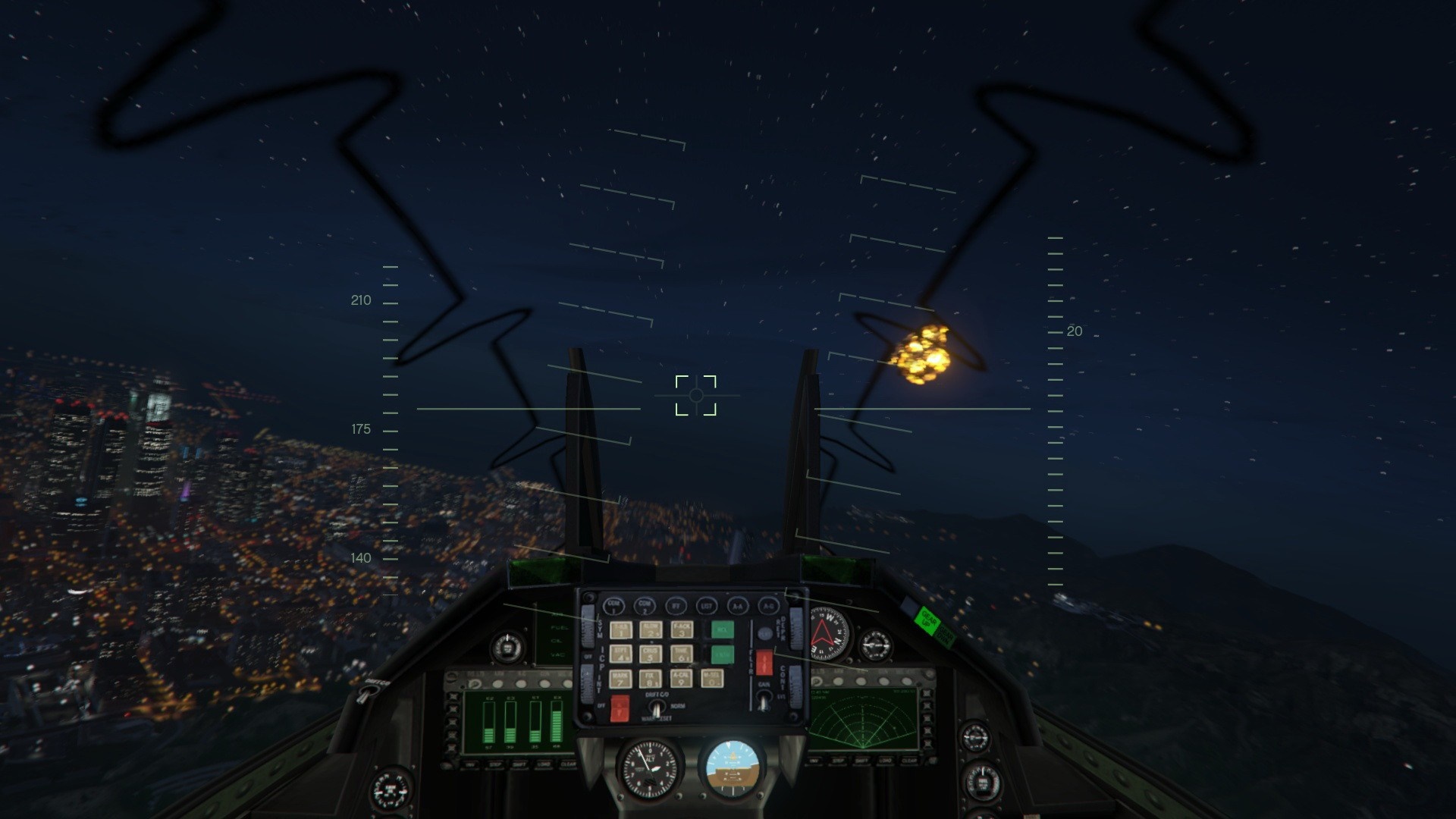 Cockpit view of a jet over a city at night HD Wallpaper