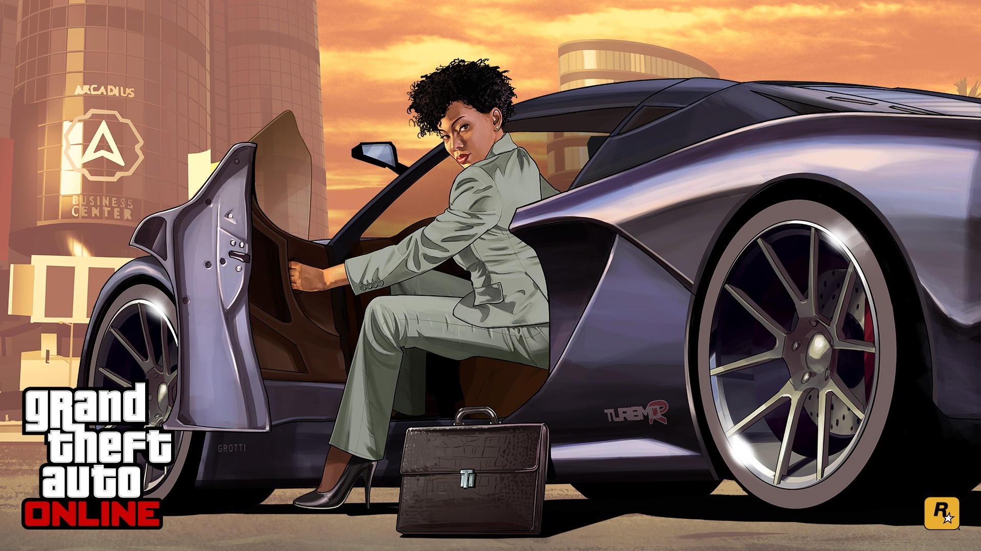 Woman in suit exiting a sports car in front of Arca HD Wallpaper
