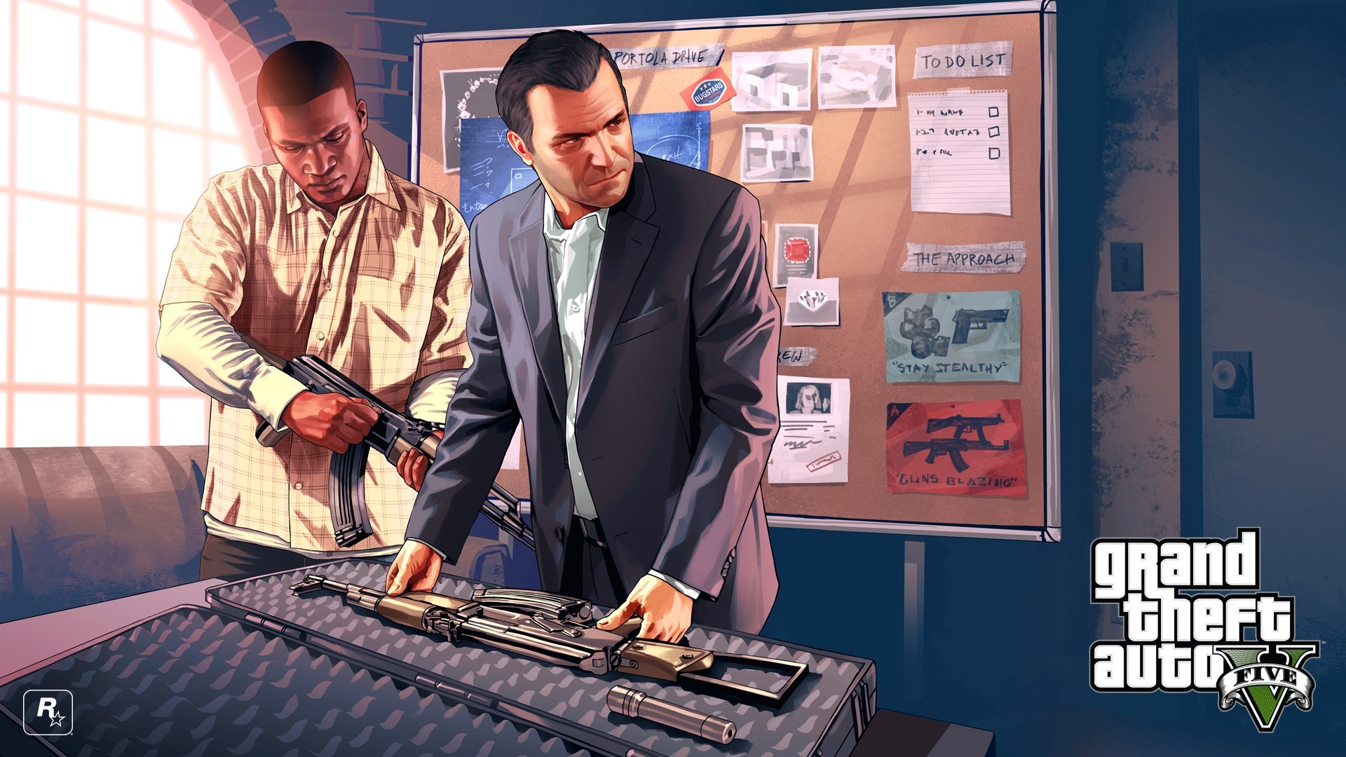 Michael and Franklin from Grand Theft Auto V with guns HD Wallpaper